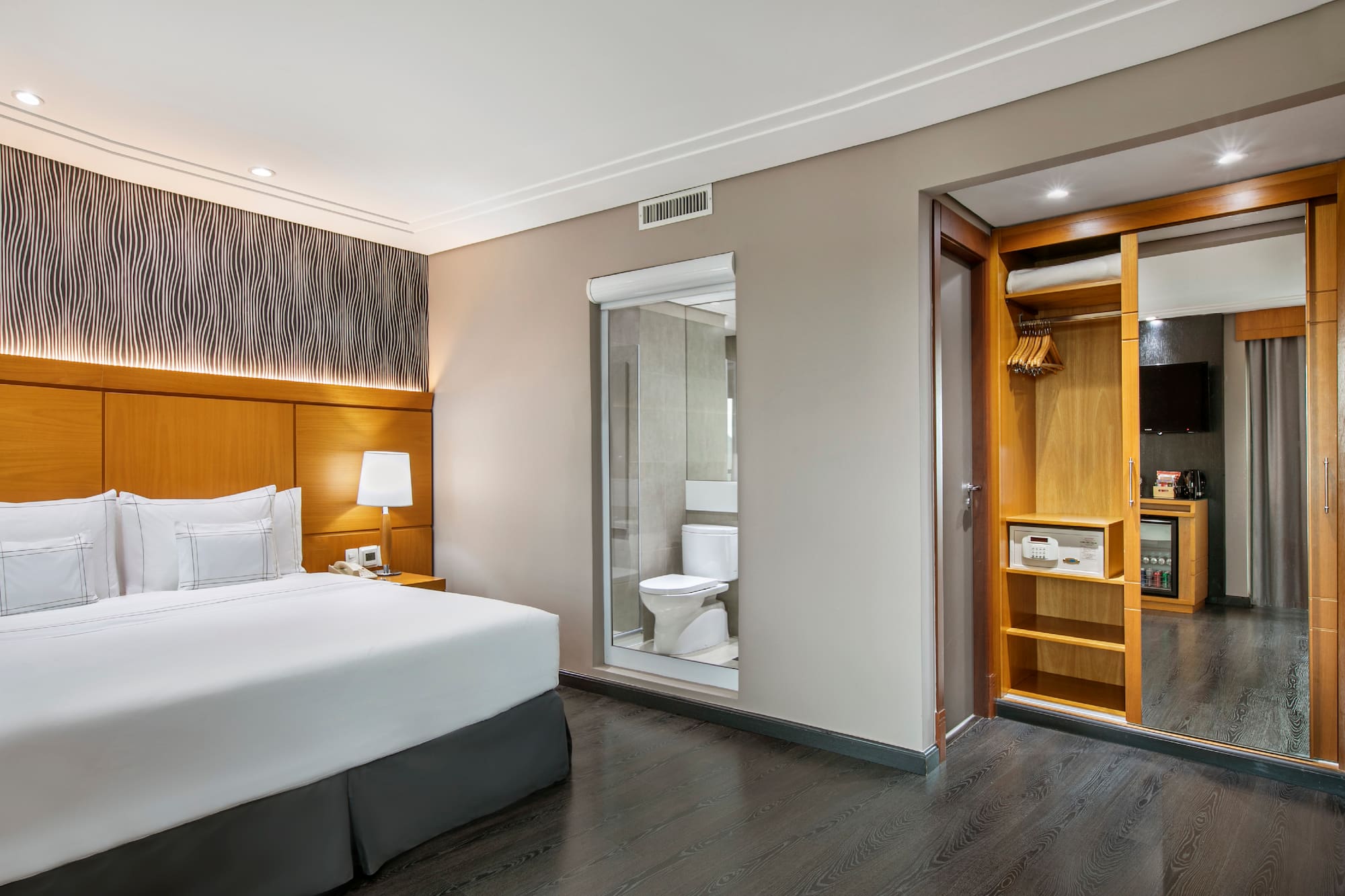 a bedroom with a bed and a closet