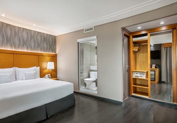 a bedroom with a bed and a closet