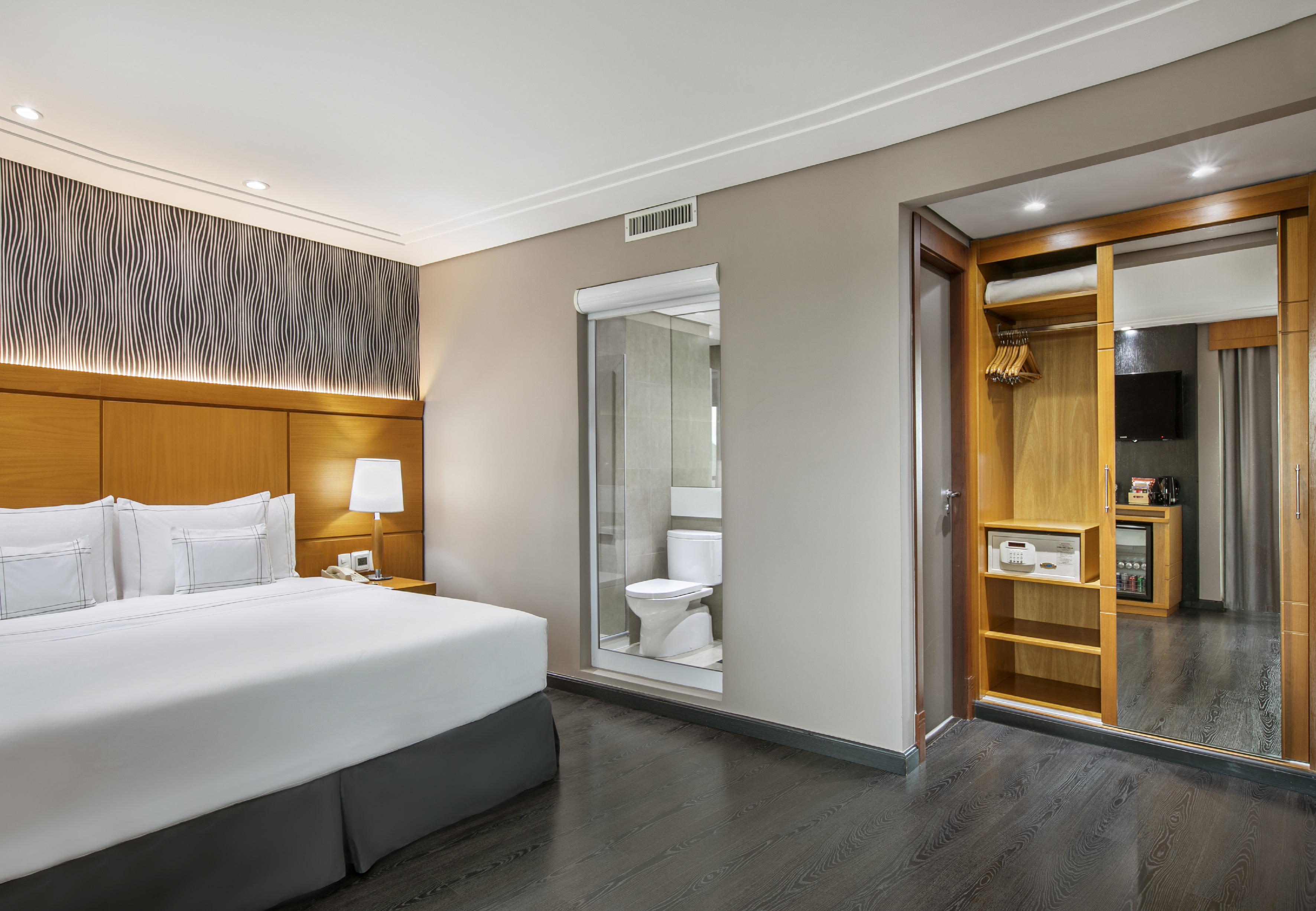 a bedroom with a bed and a closet