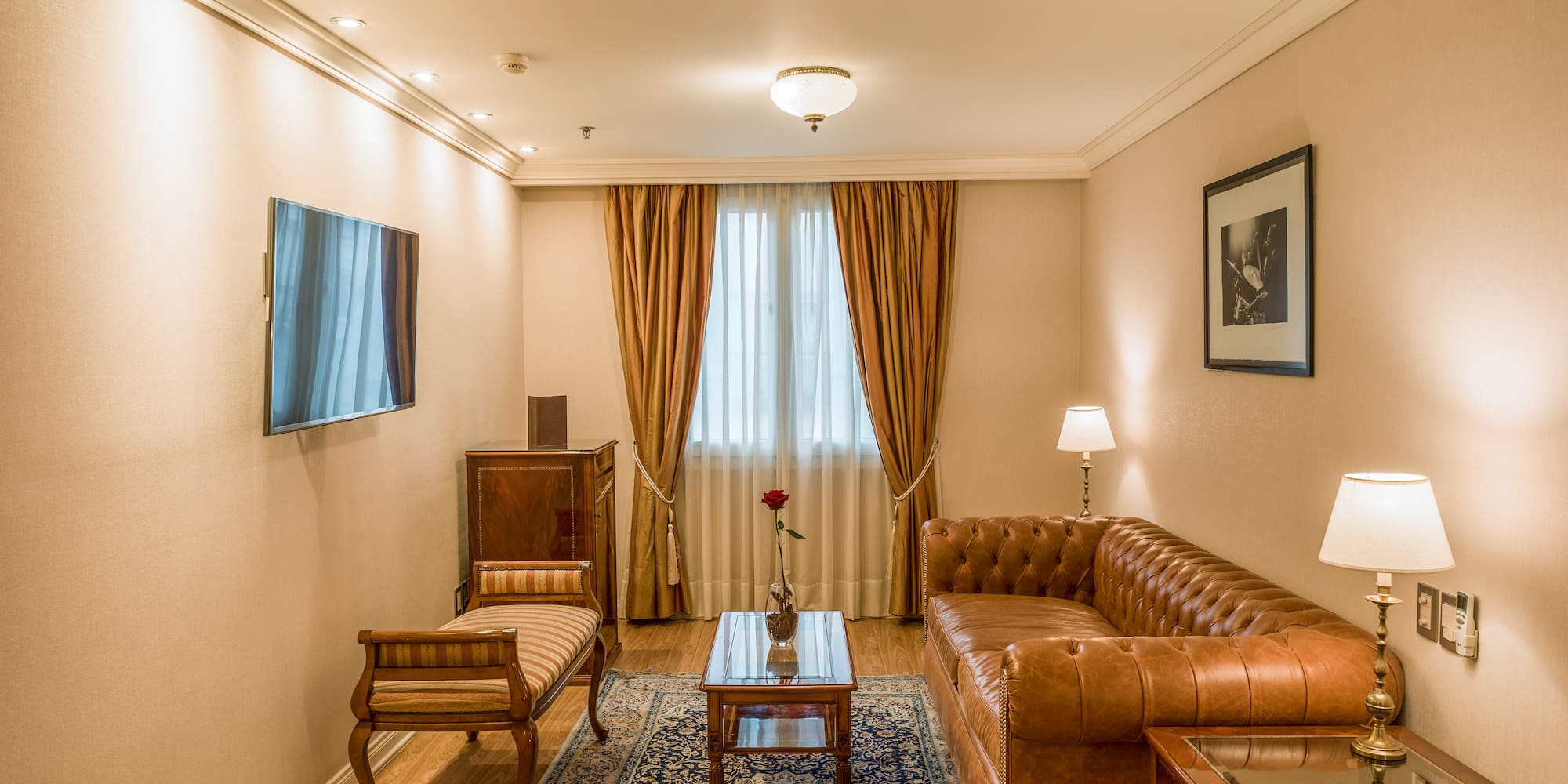 a living room with a couch and a table