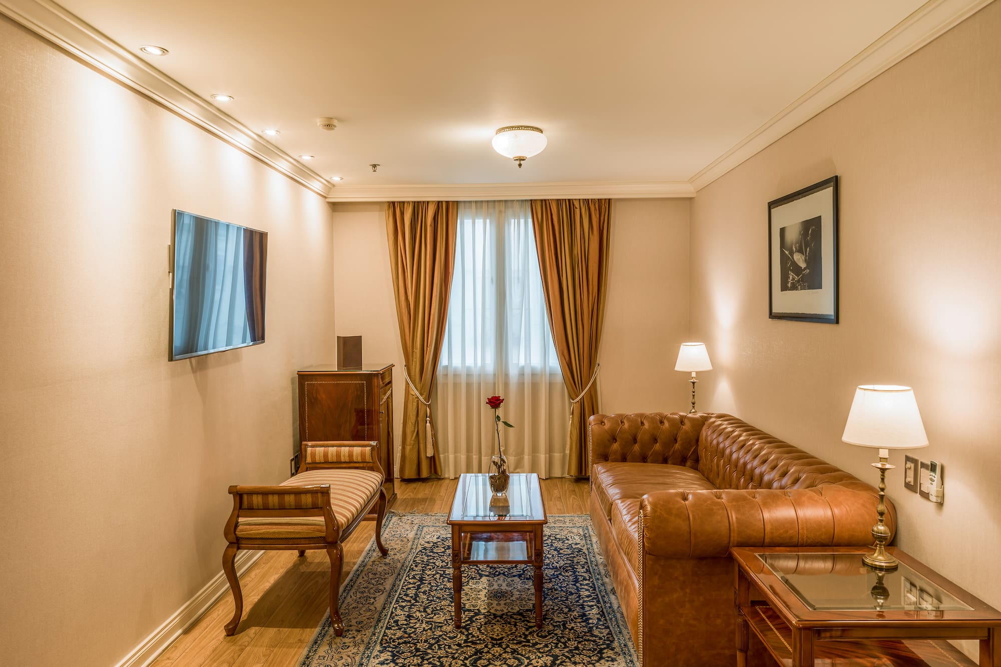 a living room with a couch and a table