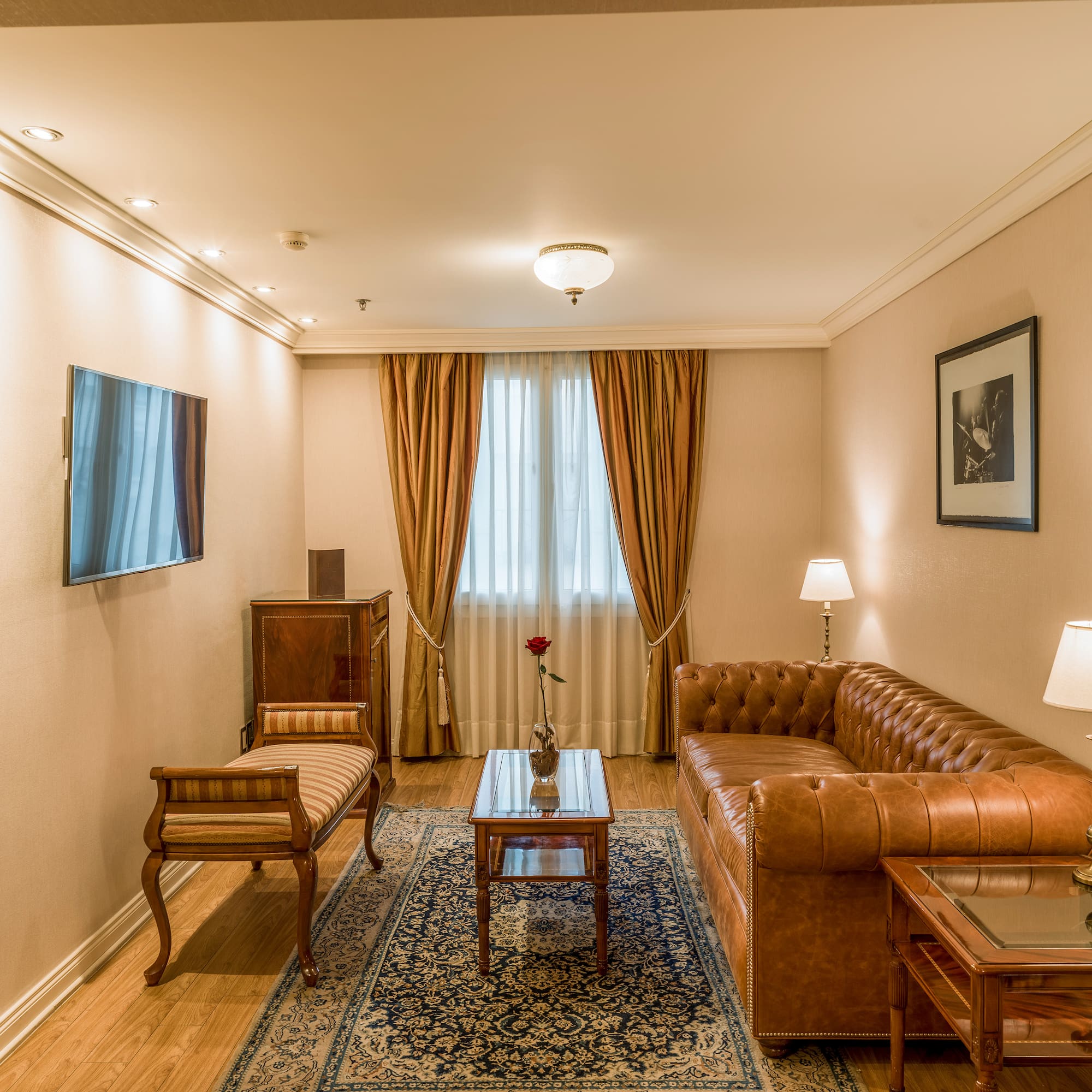 a living room with a couch and a table