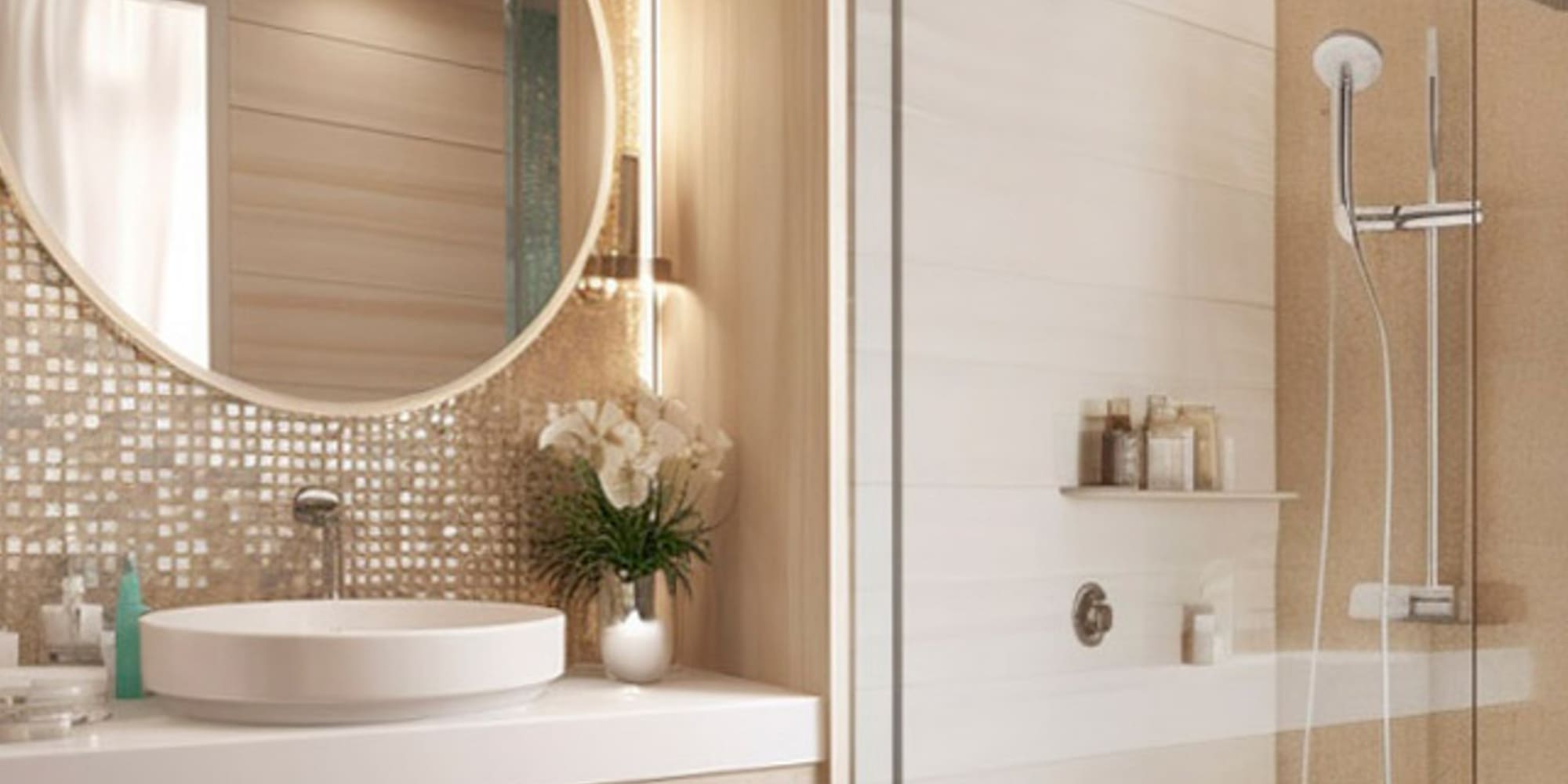 a bathroom with a round mirror and a shower