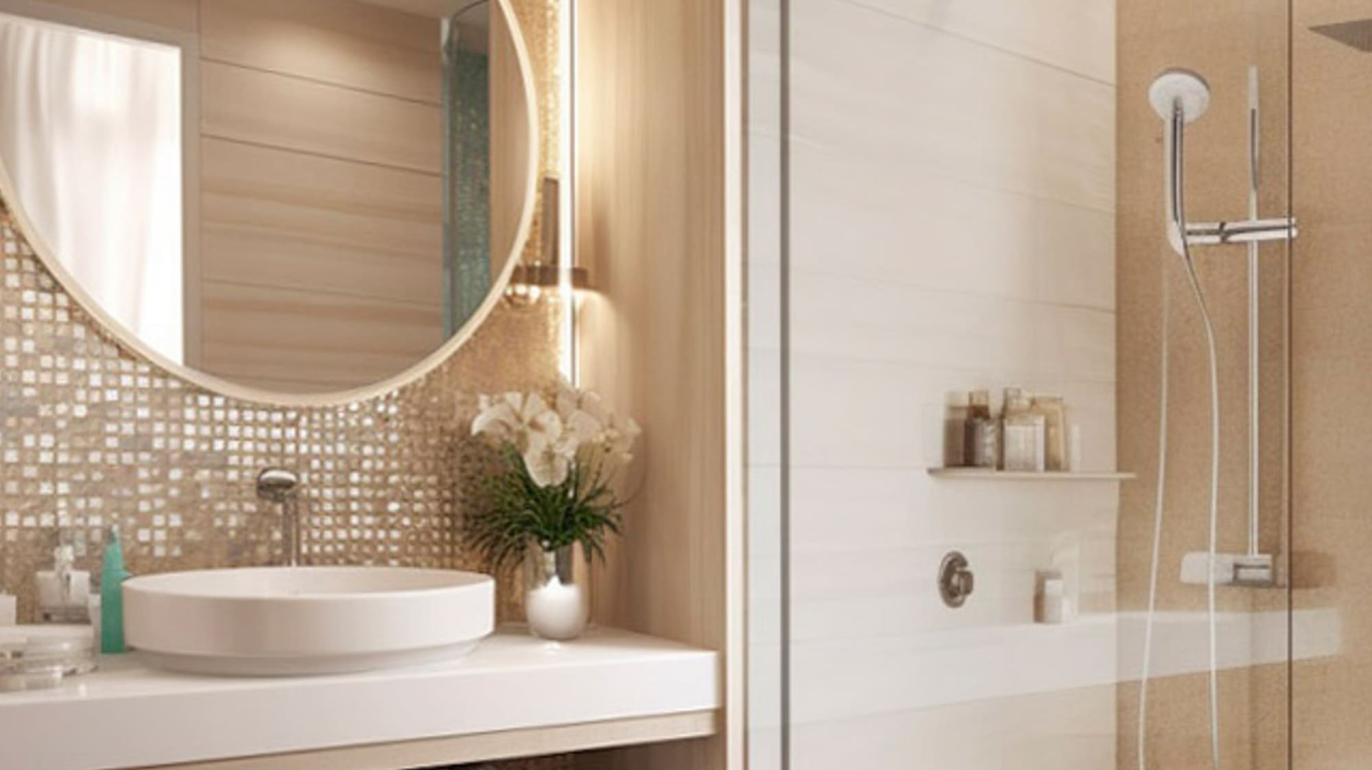 a bathroom with a round mirror and a shower