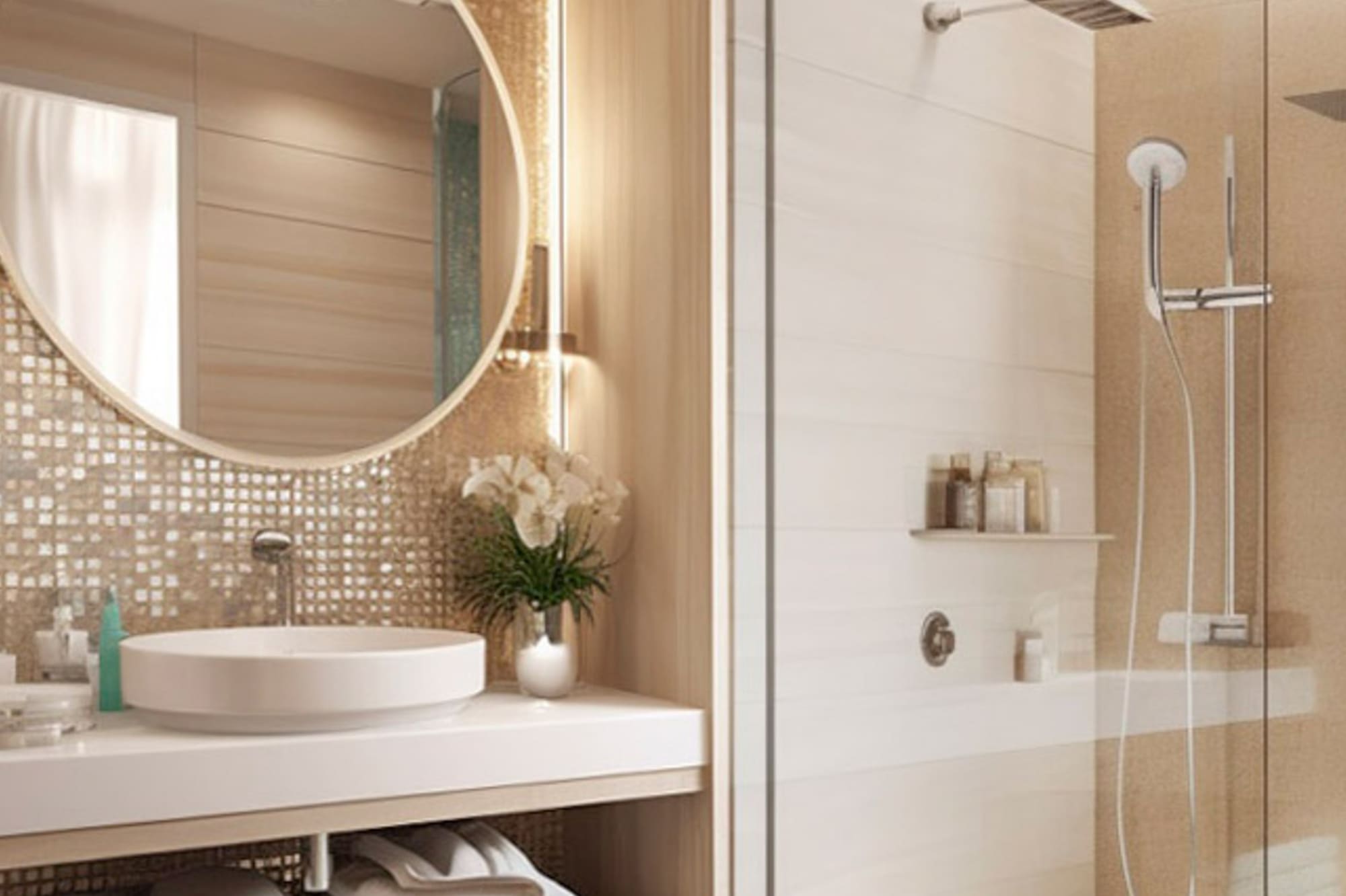 a bathroom with a round mirror and a shower