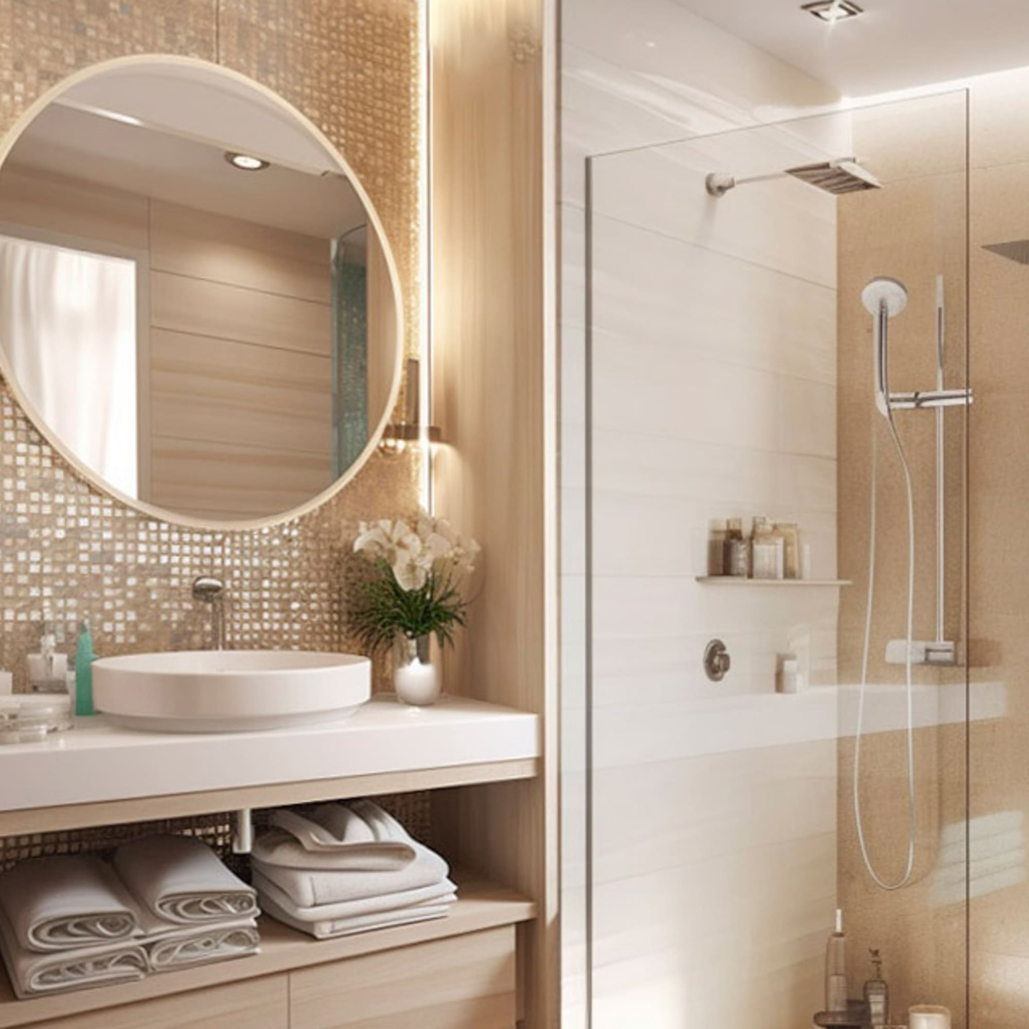 a bathroom with a round mirror and a shower