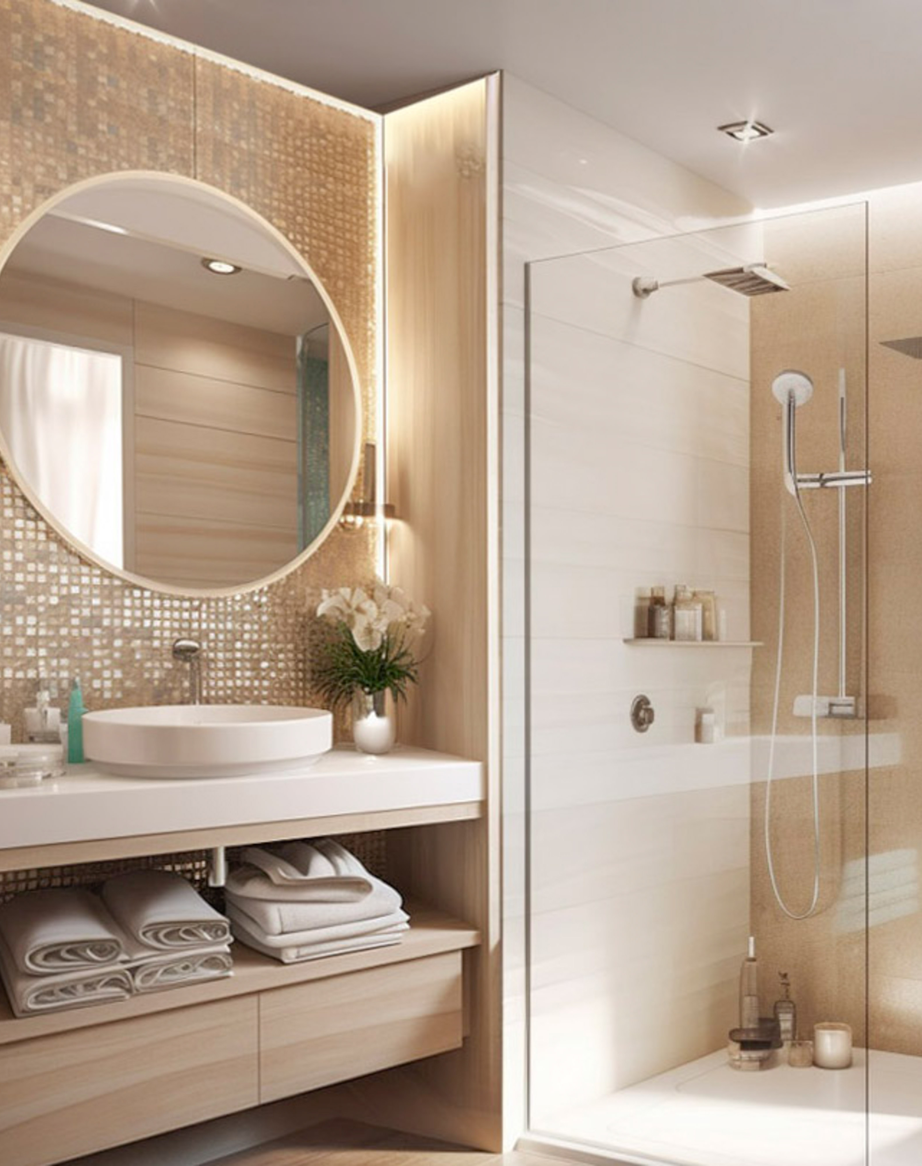 a bathroom with a round mirror and a shower