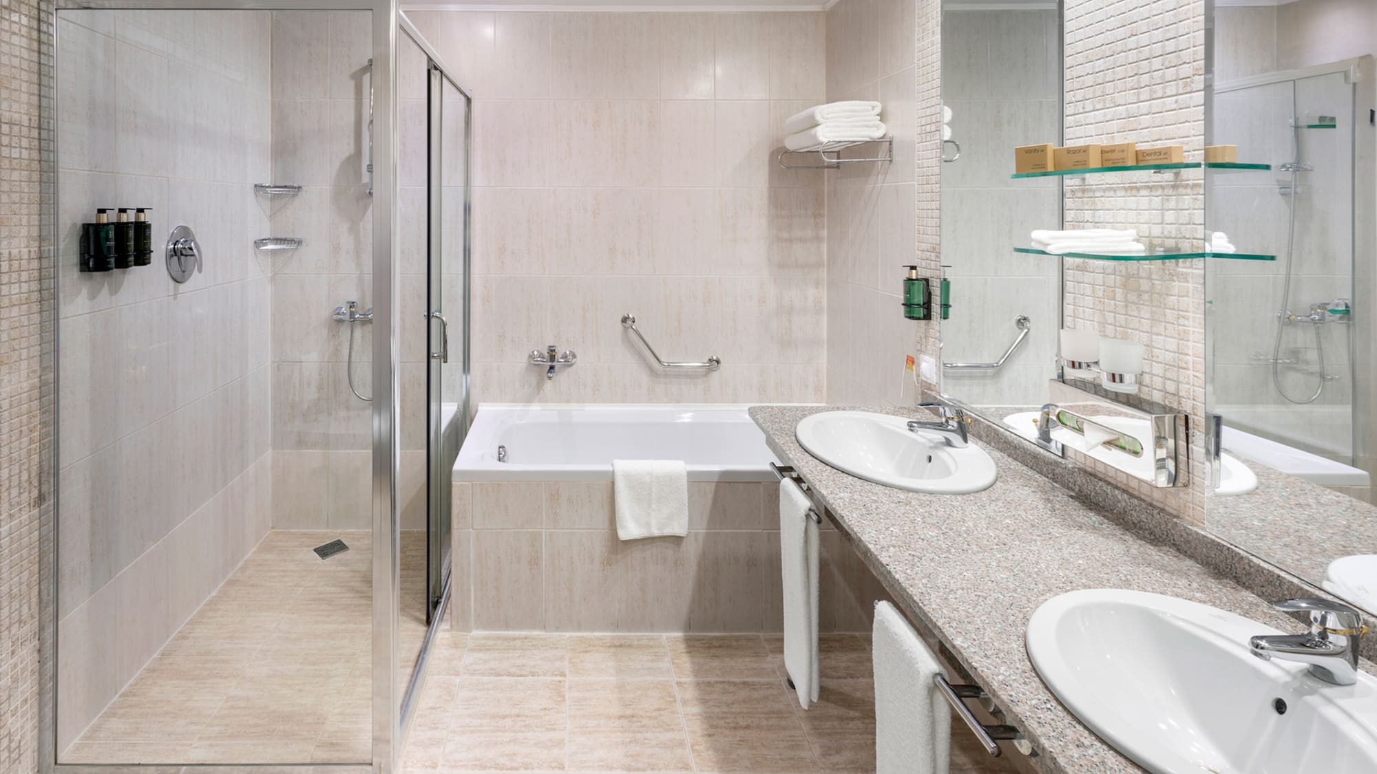 a bathroom with a shower and sink