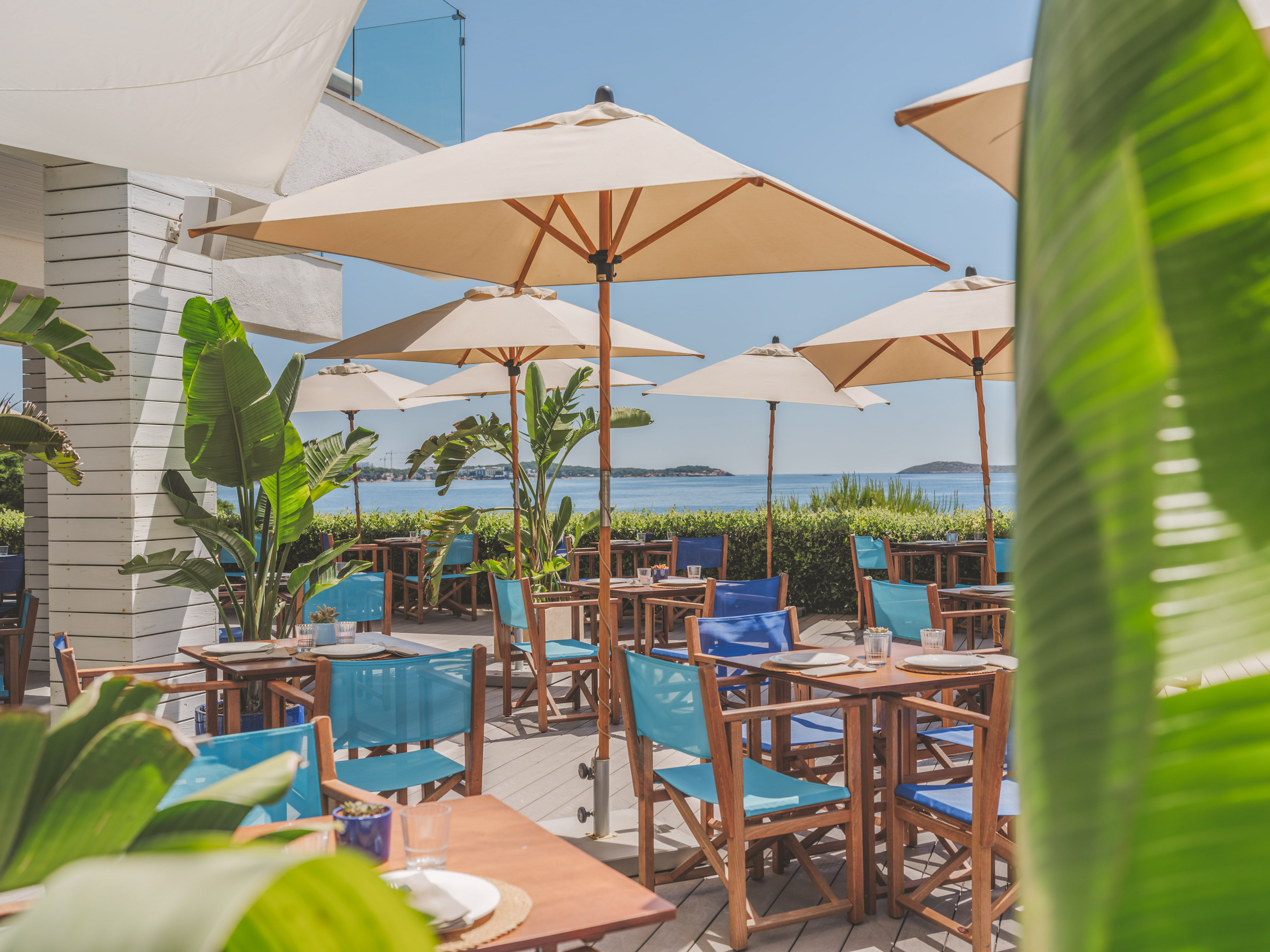Coastal restaurant terrace with blue chairs, umbrellas, and ocean view.