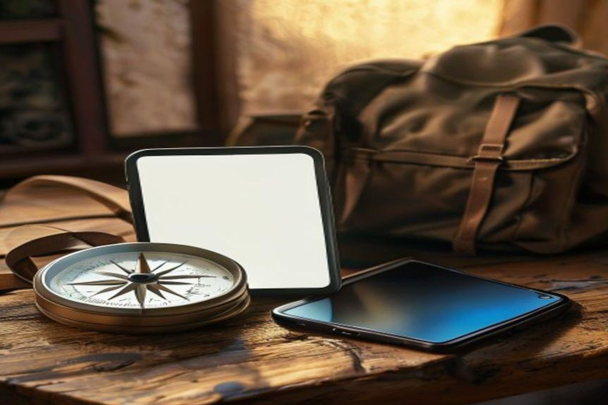 Compass, tablet, smartphone, backpack on wooden table. Travel, navigation.
