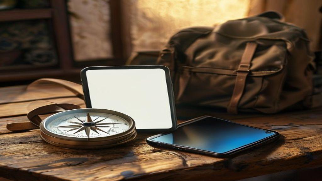 Compass, tablet, smartphone, backpack on wooden table. Travel, navigation.