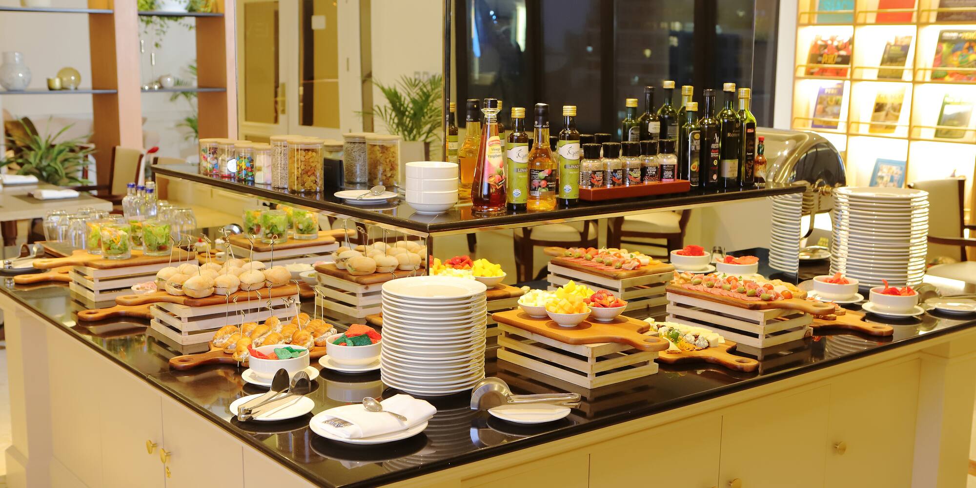 a buffet table with food and drinks