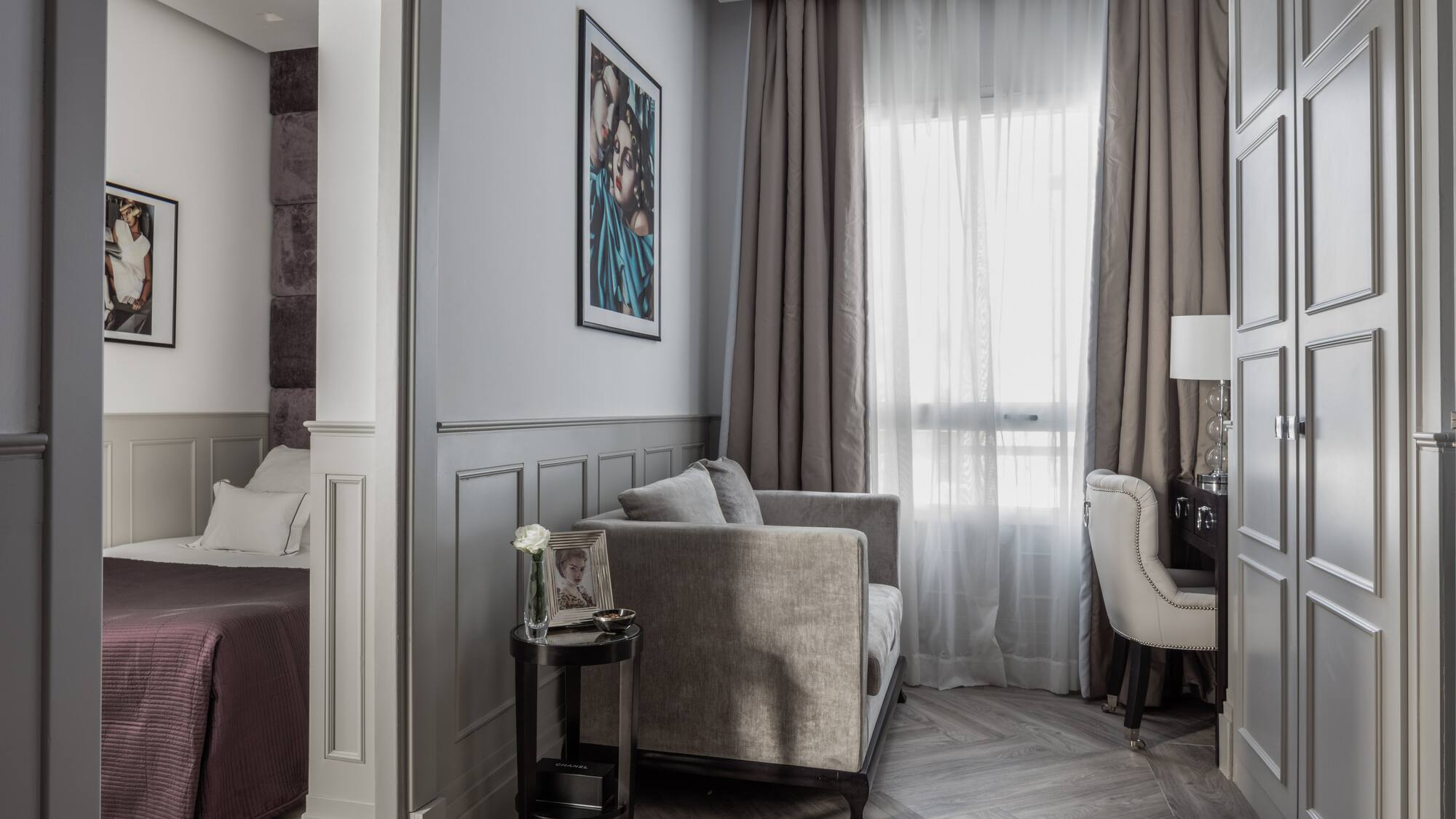 a room with a couch and a piano