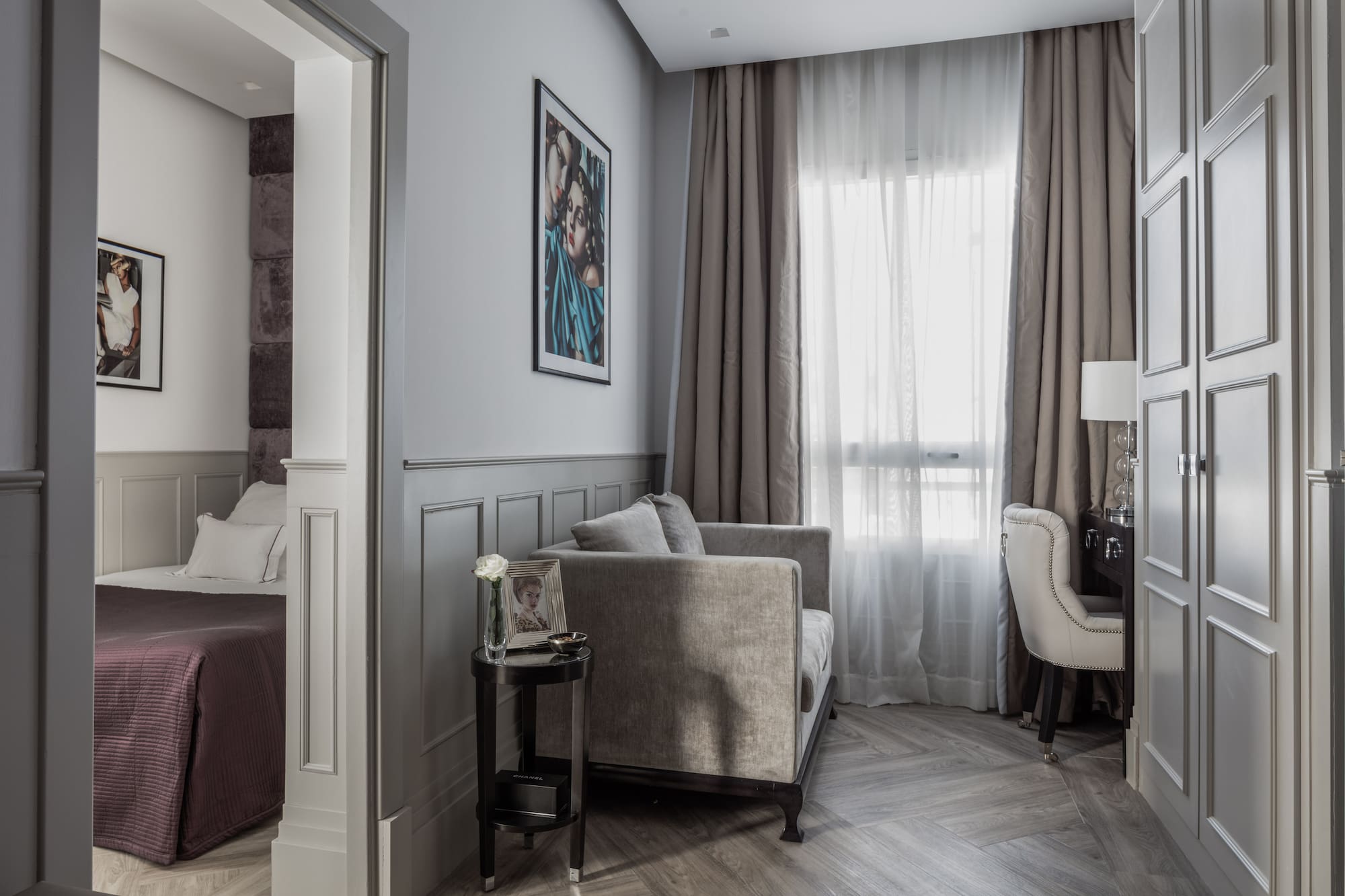 a room with a couch and a piano