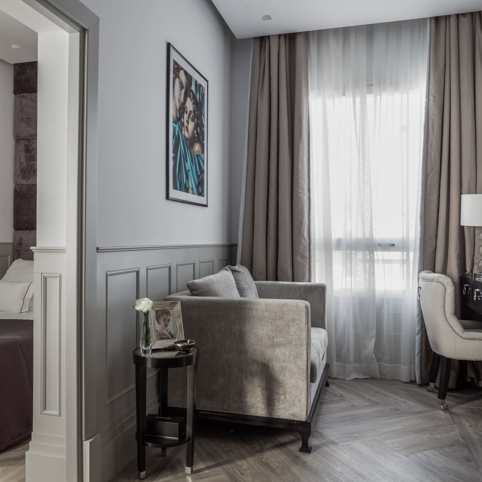 a room with a couch and a piano