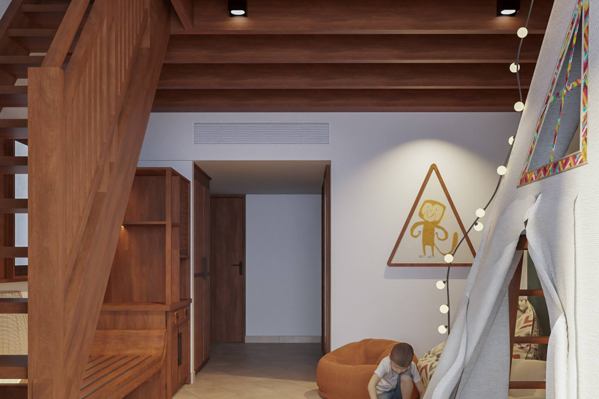 a child playing in a room with a tent