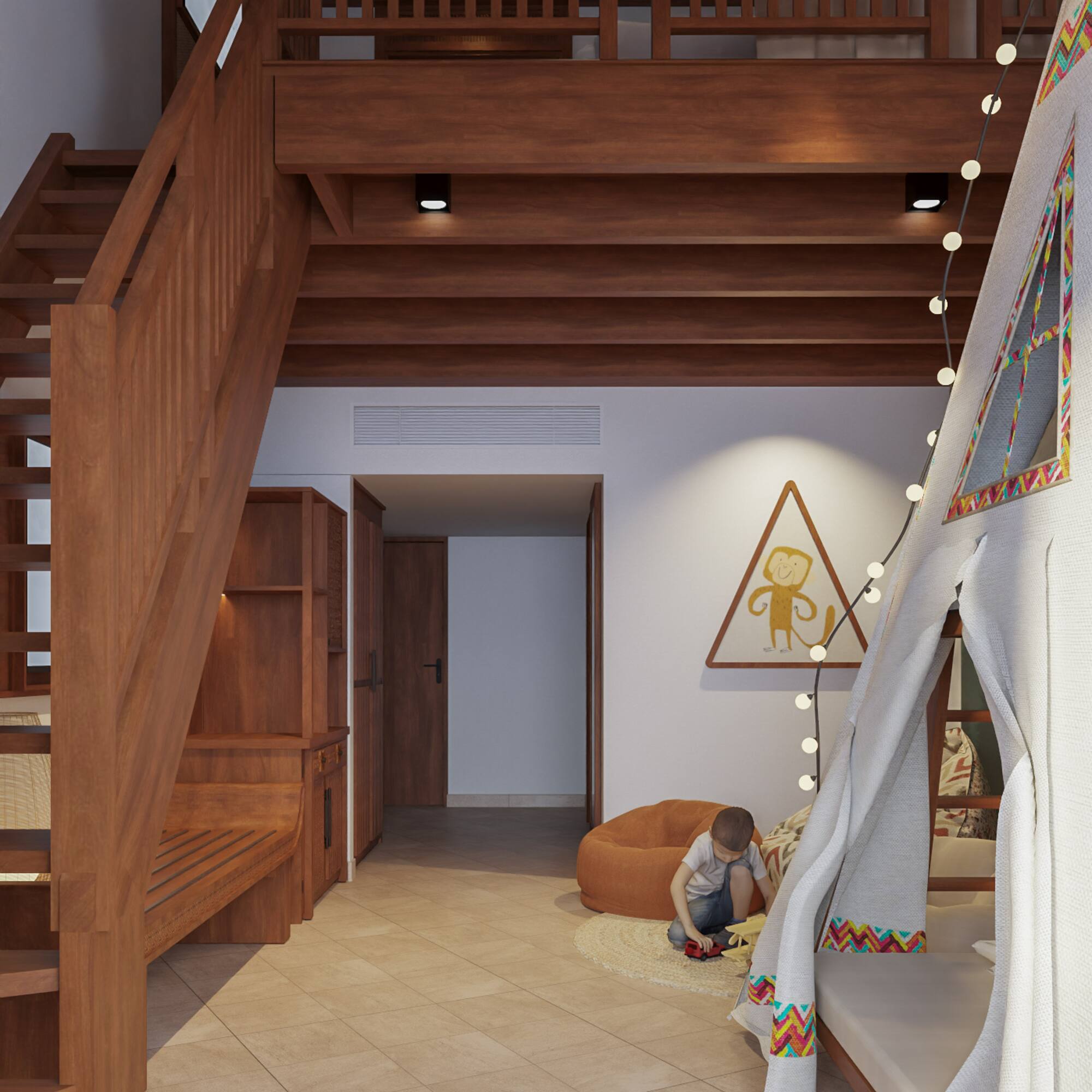 a child playing in a room with a tent