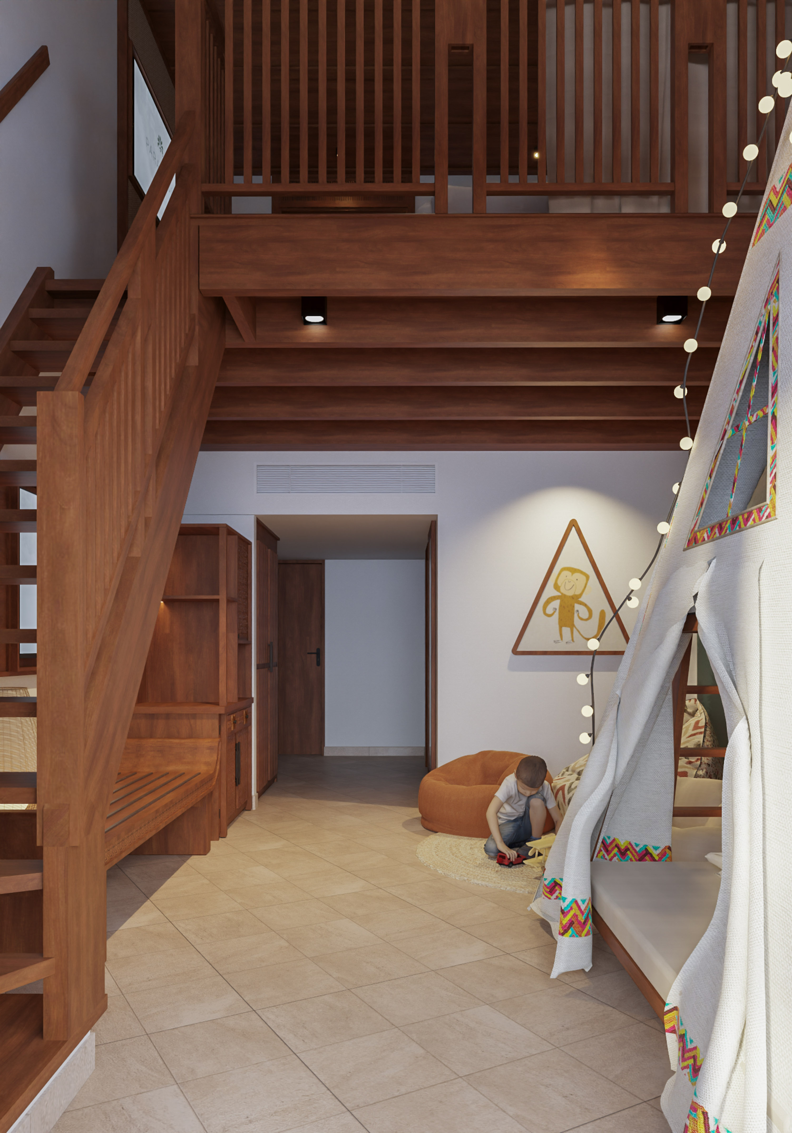 a child playing in a room with a tent