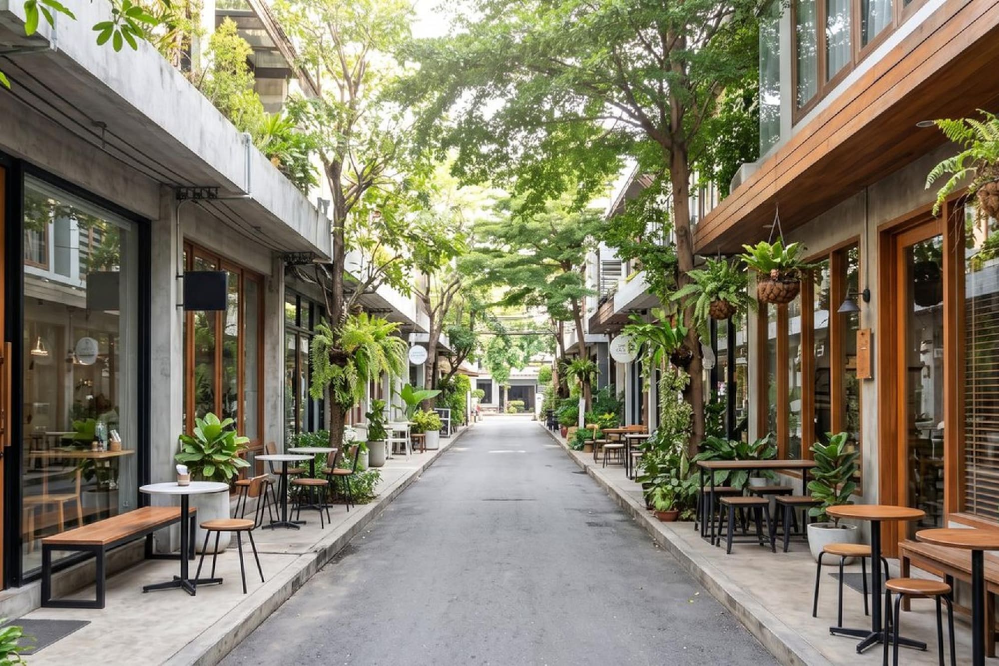 Pedestrian alley with modern cafes, outdoor seating, and lush greenery.
