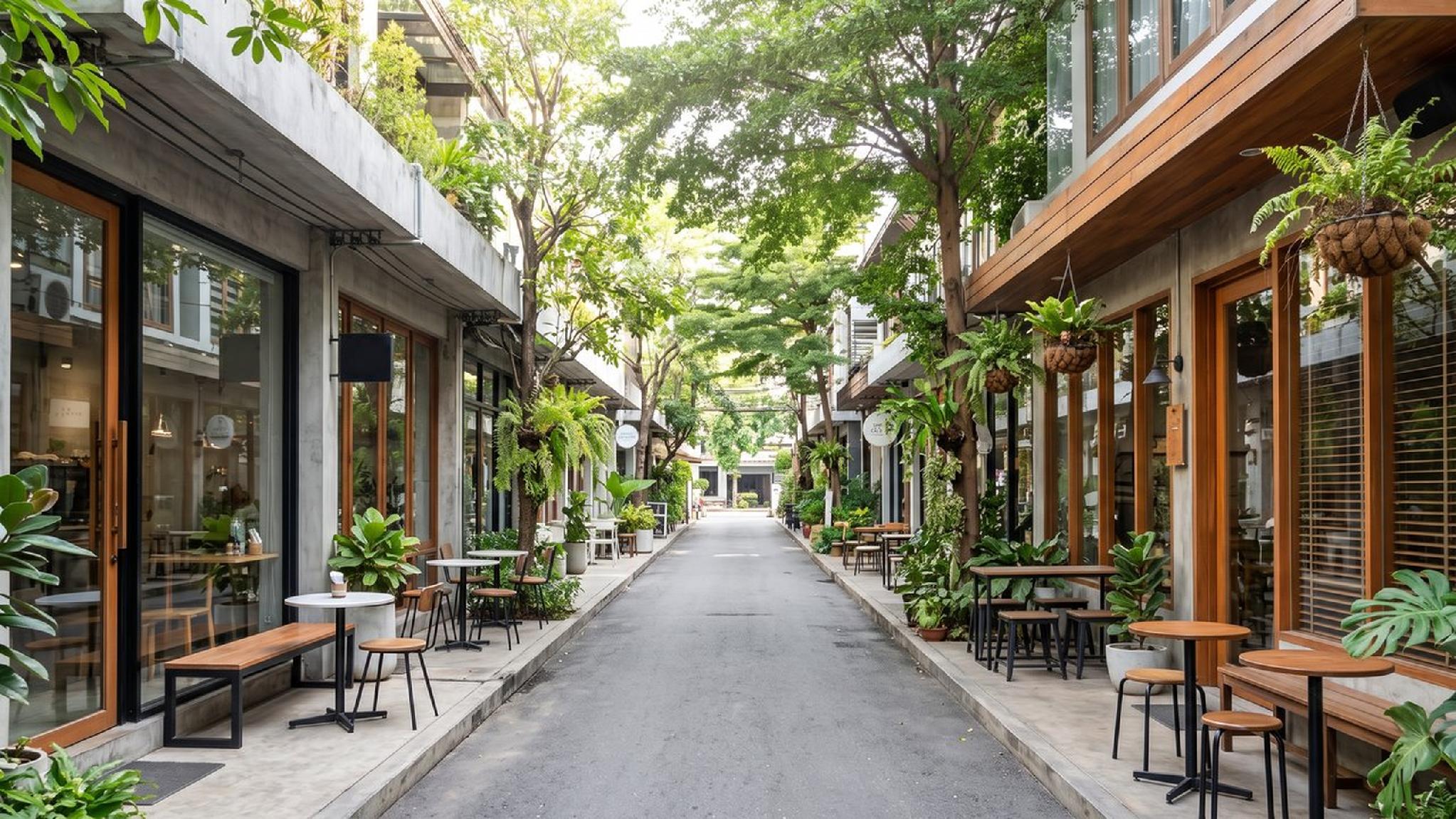 Pedestrian alley with modern cafes, outdoor seating, and lush greenery.