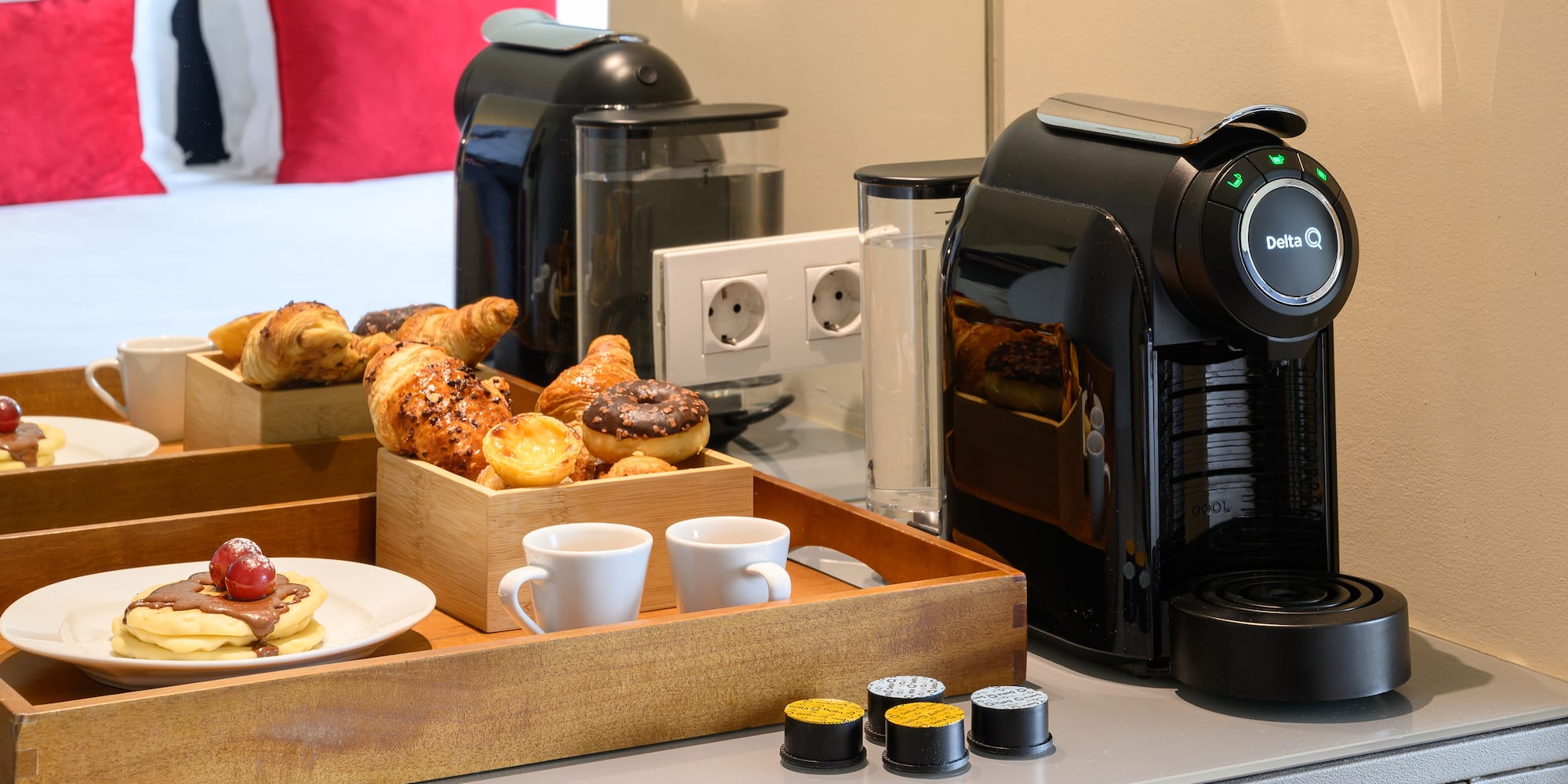 a tray of food and coffee machines