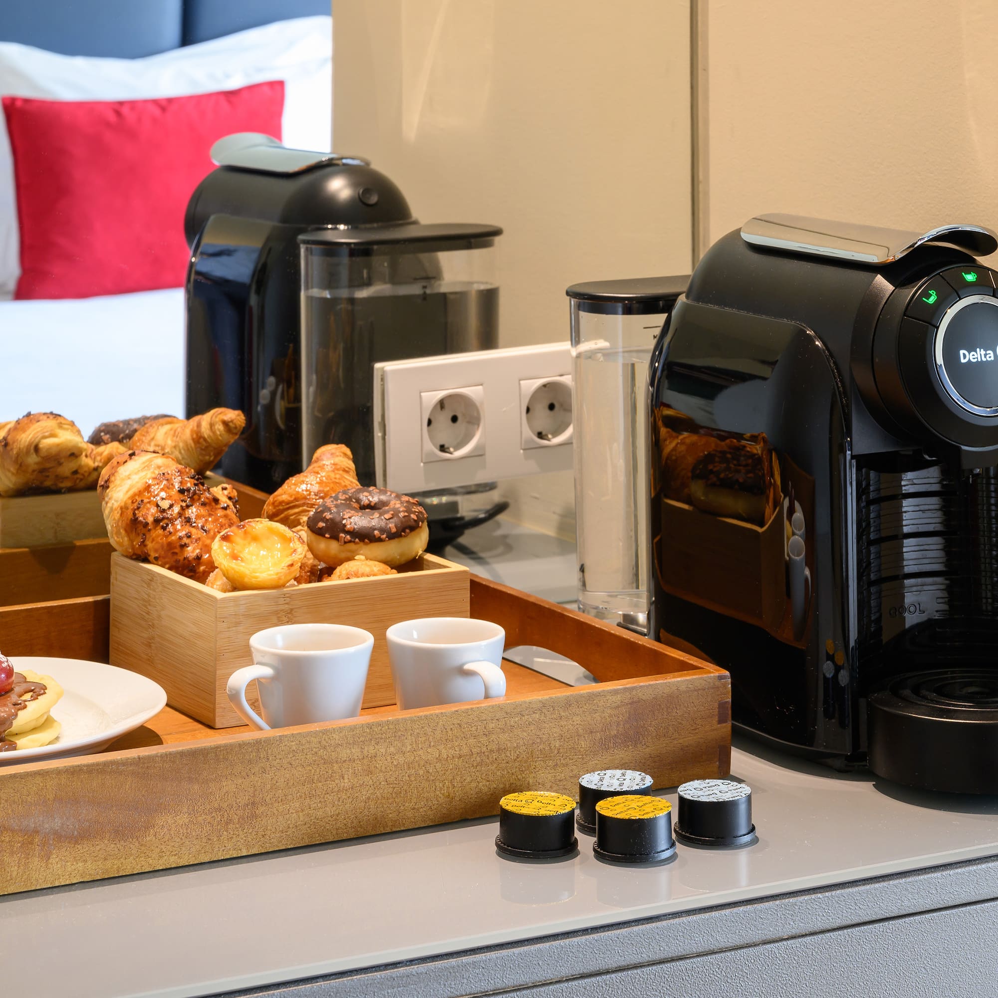 a tray of food and coffee machines
