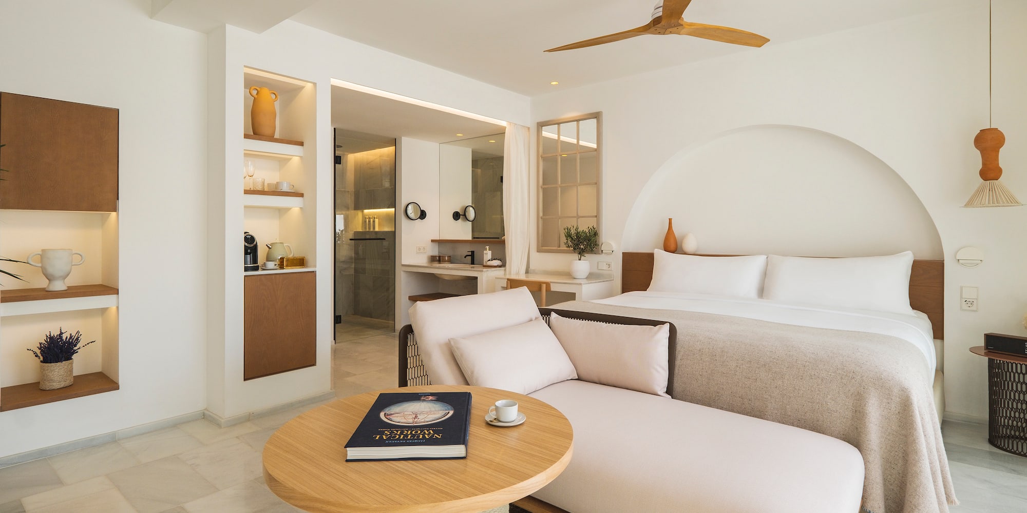 a room with a bed and a table