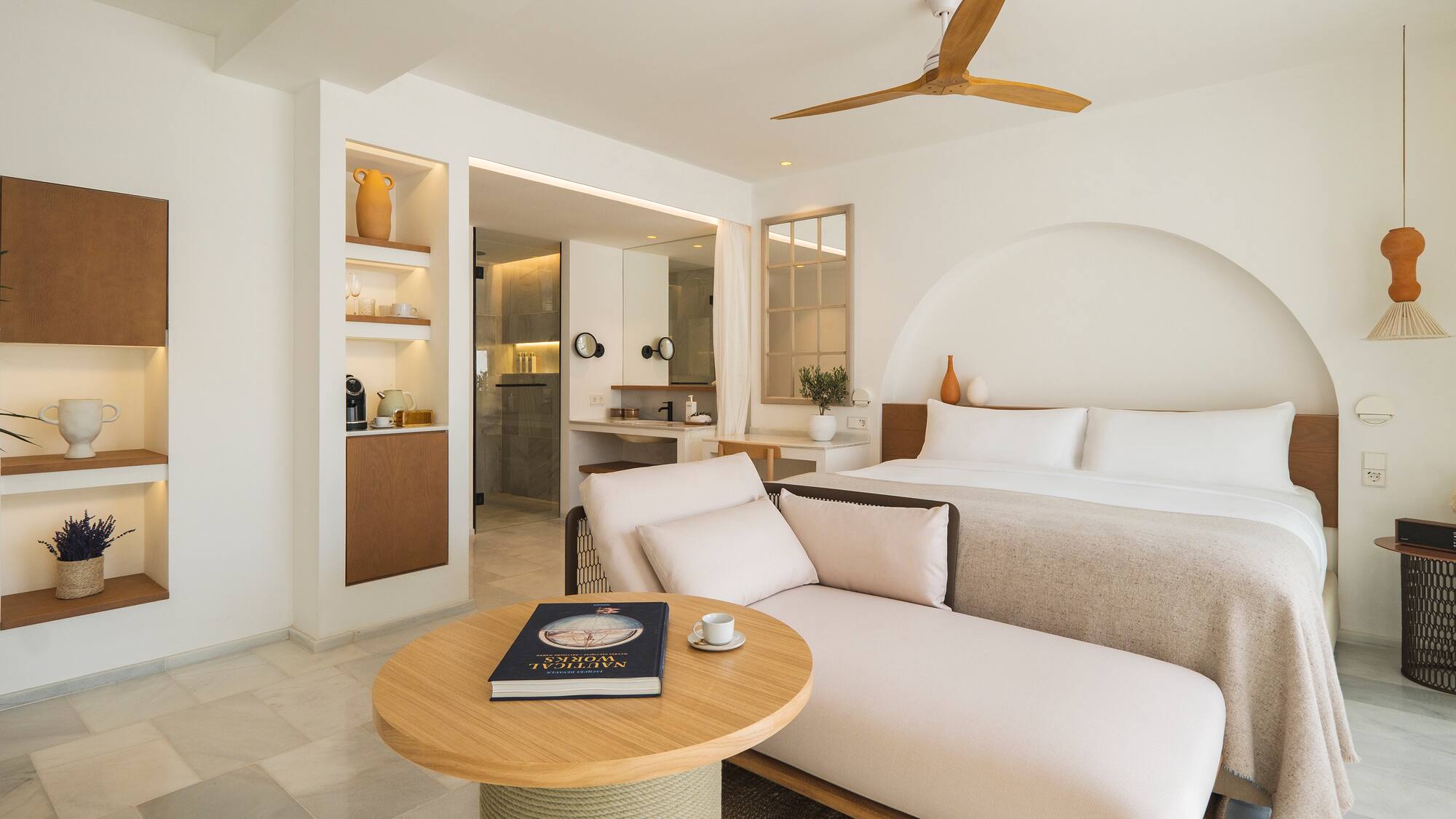 a room with a bed and a table