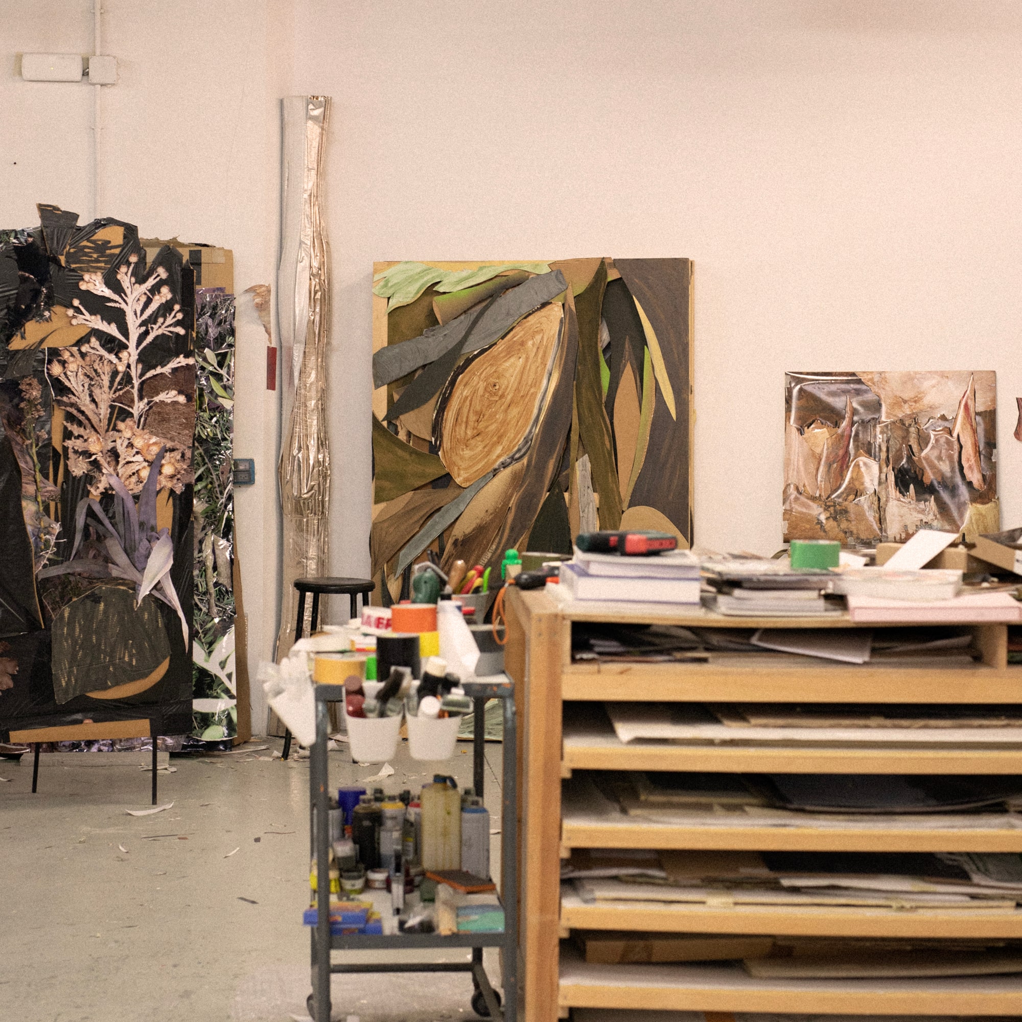 a room with art and tools