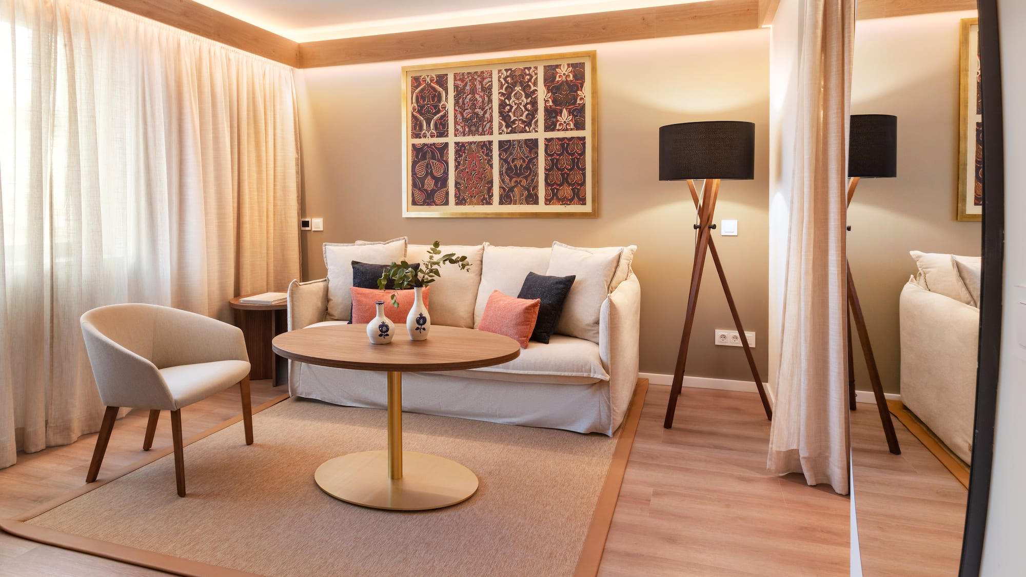 a living room with a couch and a table