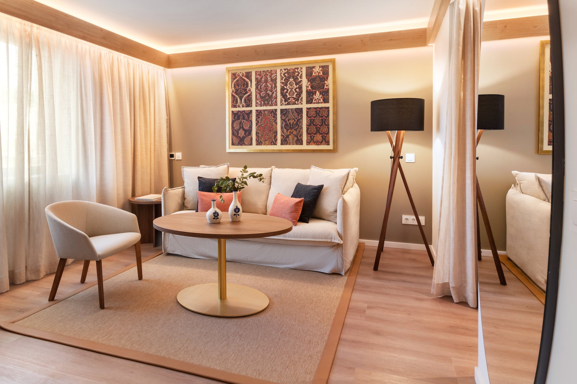 a living room with a couch and a table