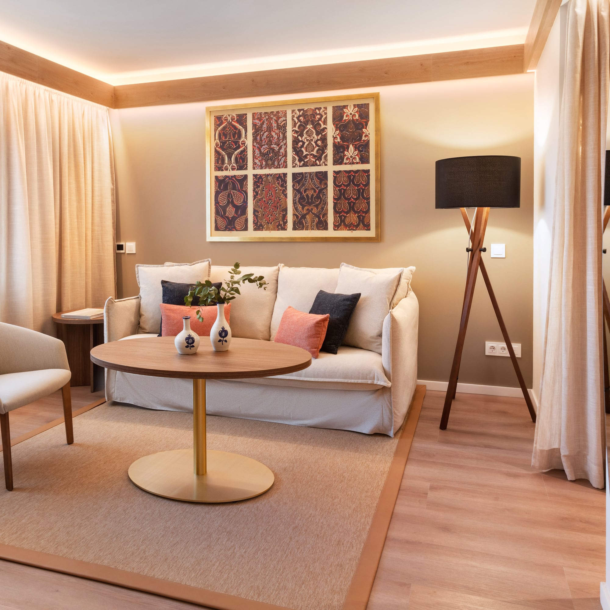 a living room with a couch and a table