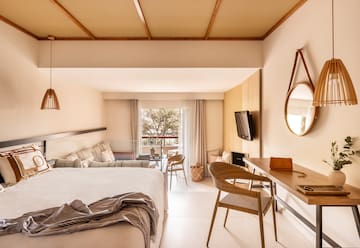 a room with a bed and a television