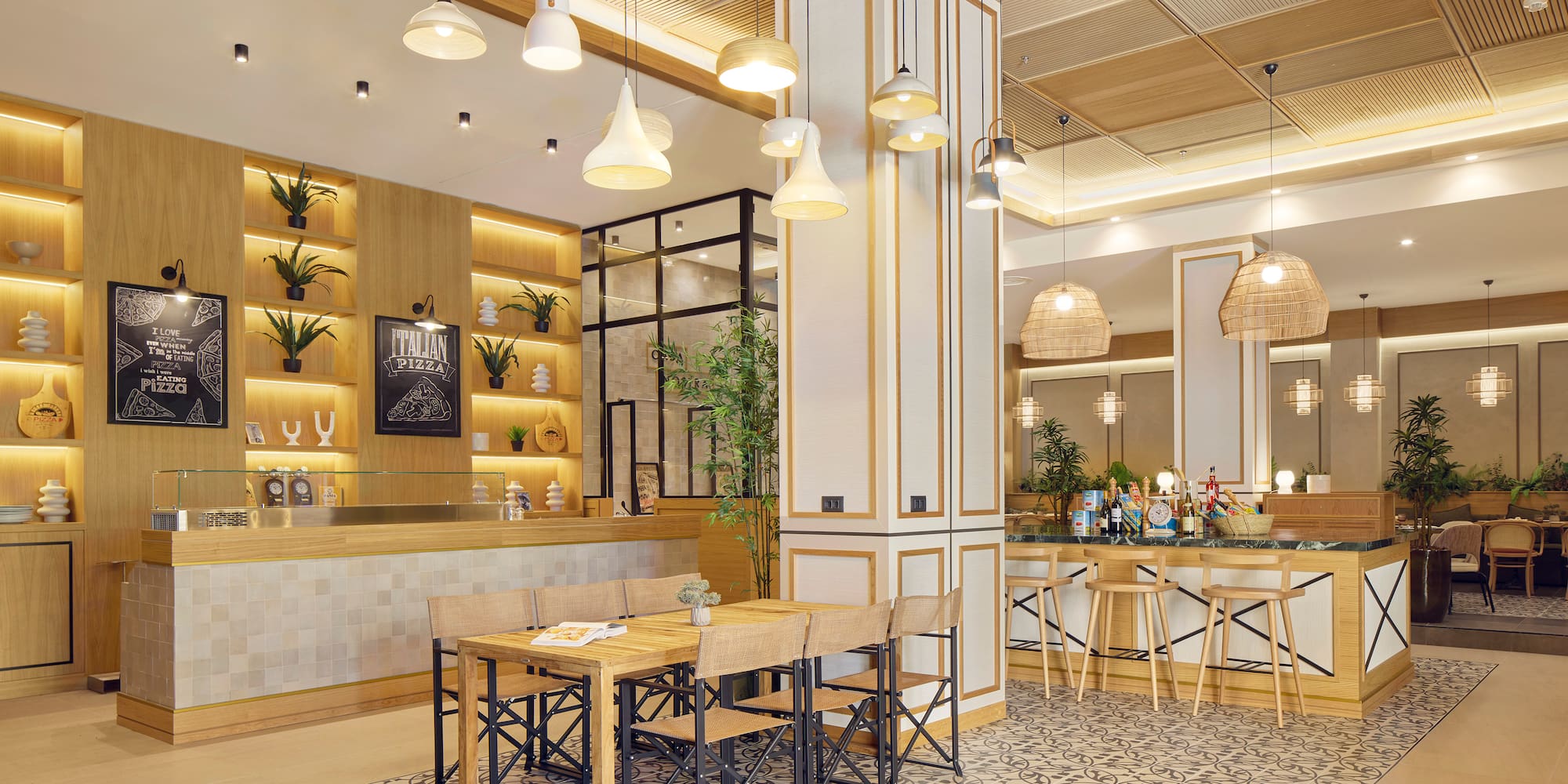 a room with a table and chairs