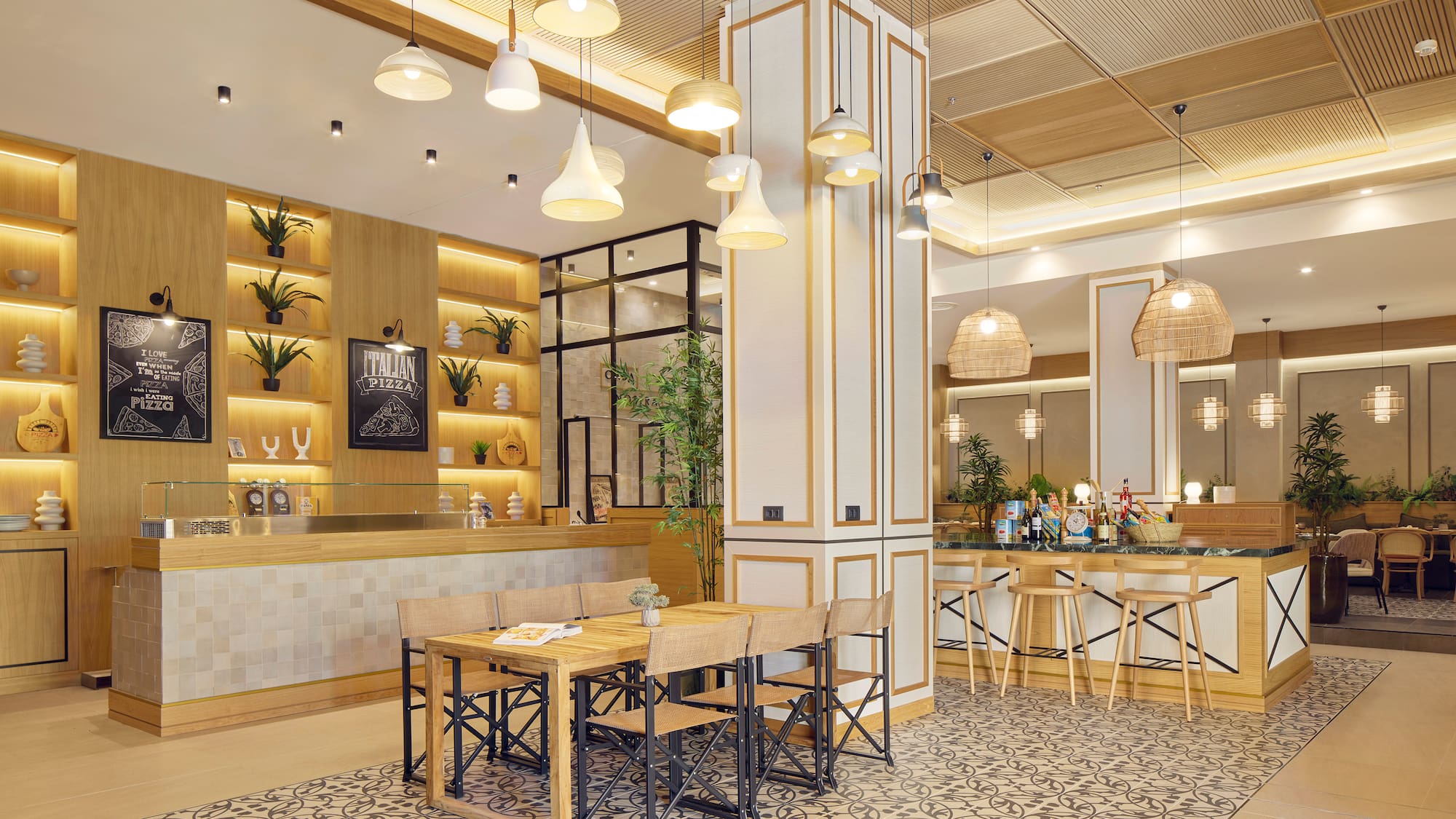 a room with a table and chairs