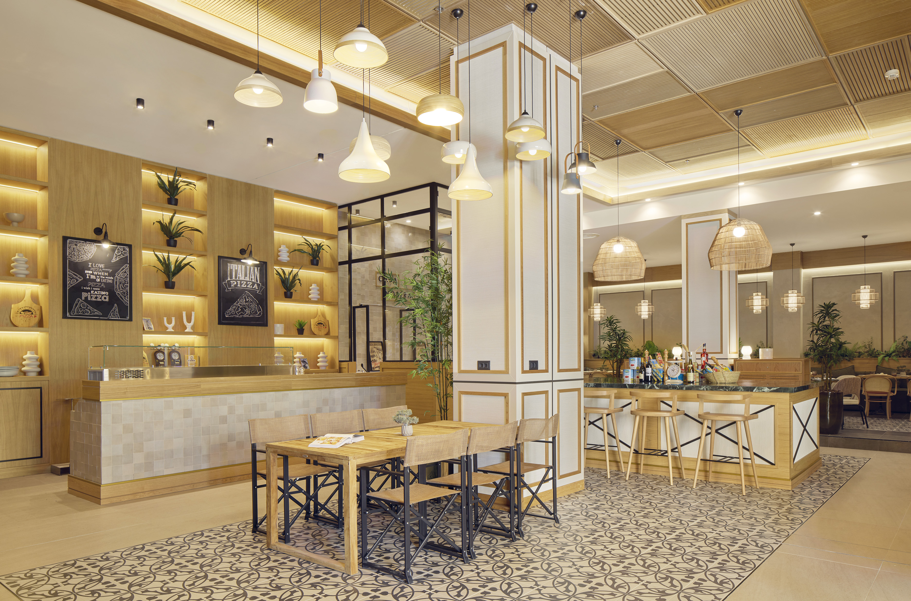 Modern restaurant interior: wood, patterned floor, pendant lights, Italian pizza bar.