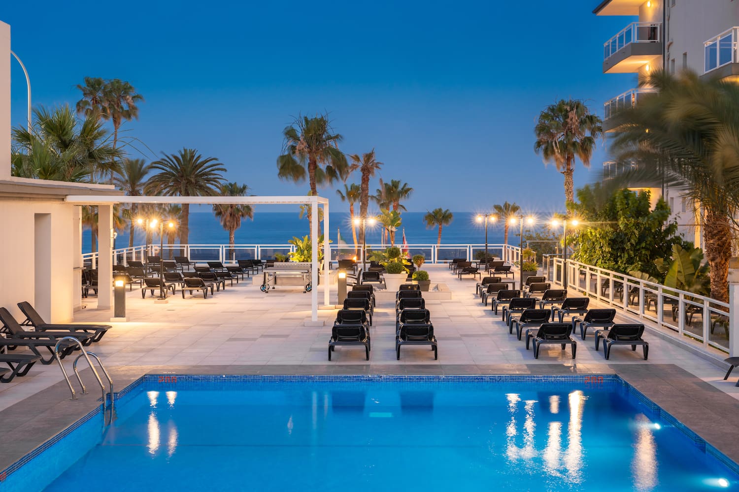 a pool with chairs and palm trees