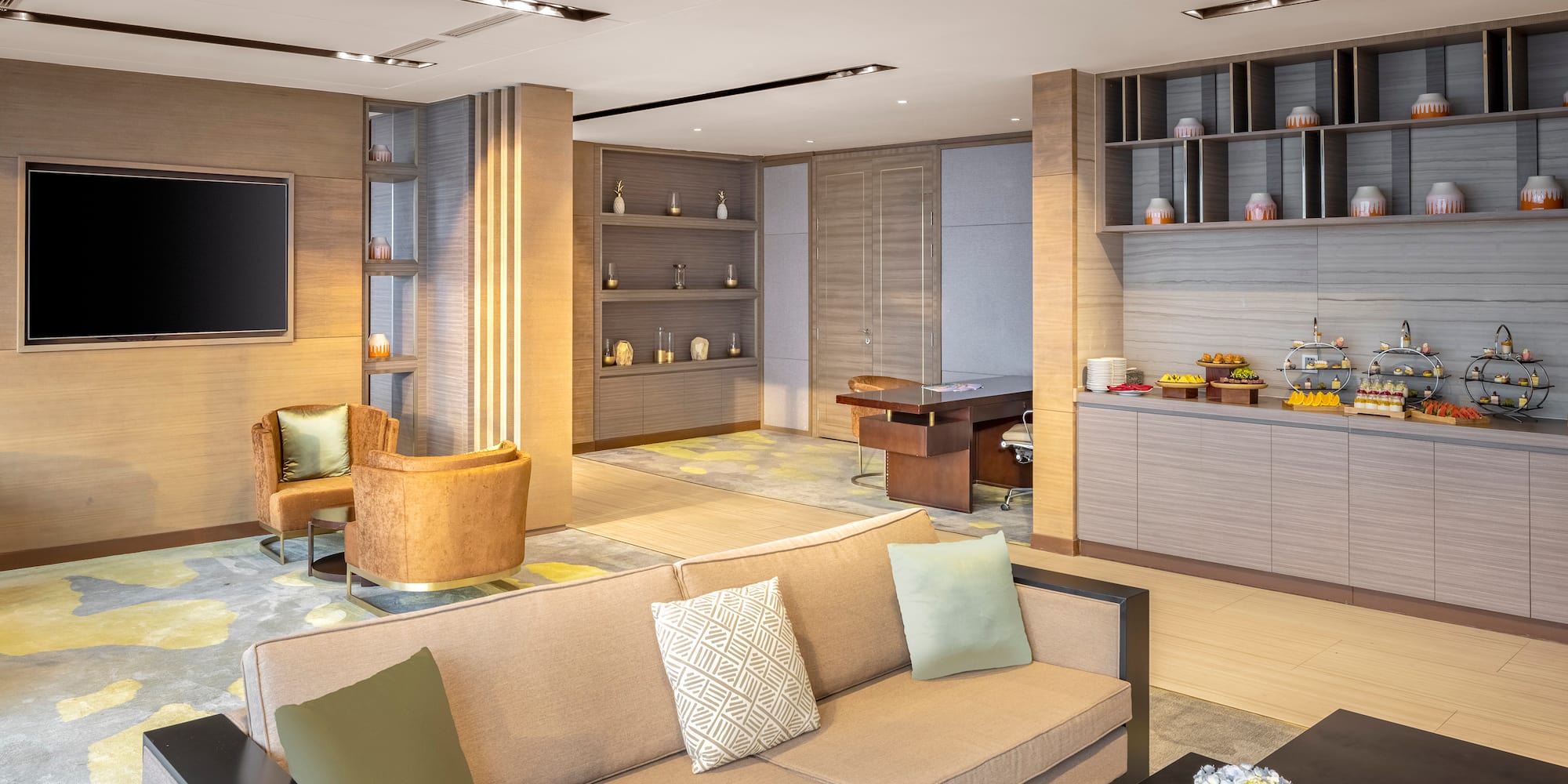 a living room with a couch and a table