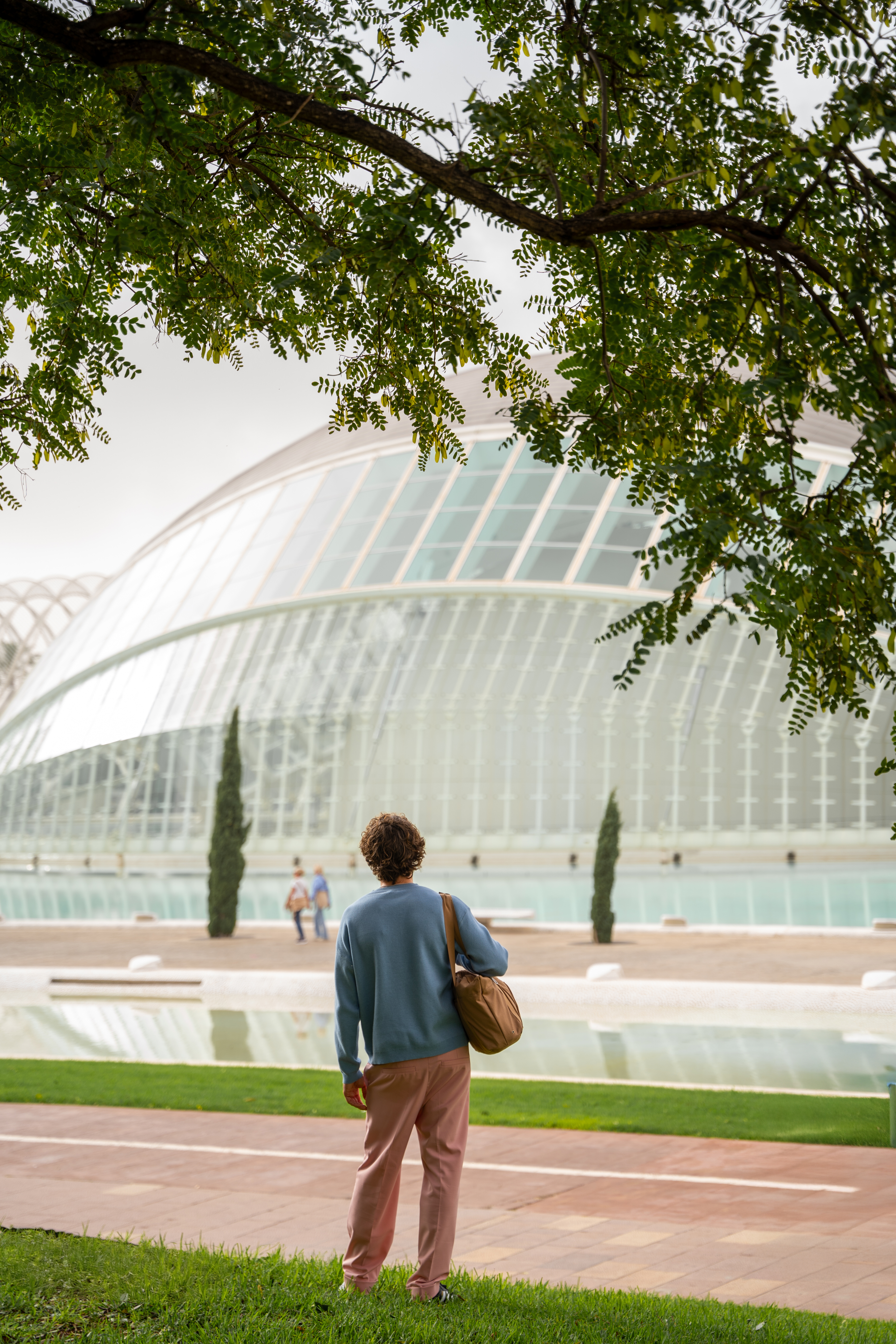 Person observing modern glass architecture at Valencia's City of Arts and Sciences.
