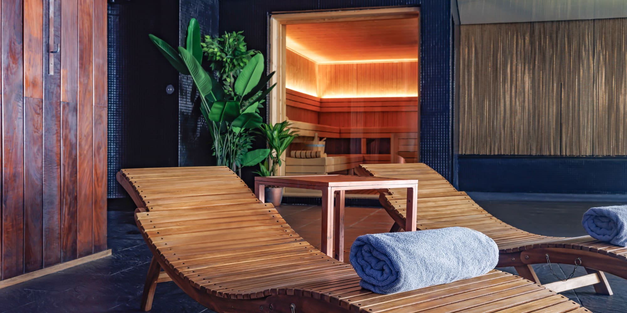 a lounge chairs in a sauna
