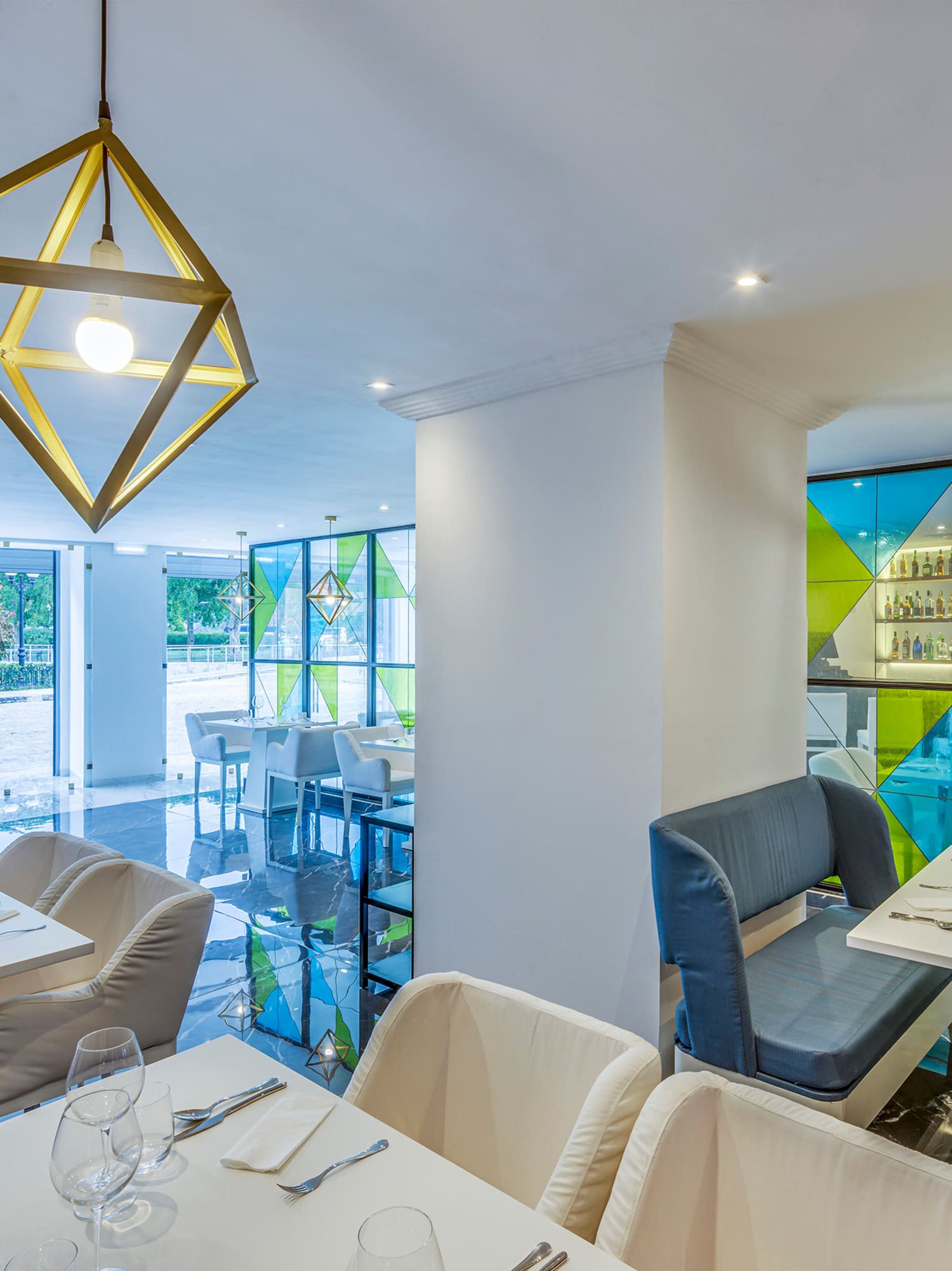 a room with tables and chairs