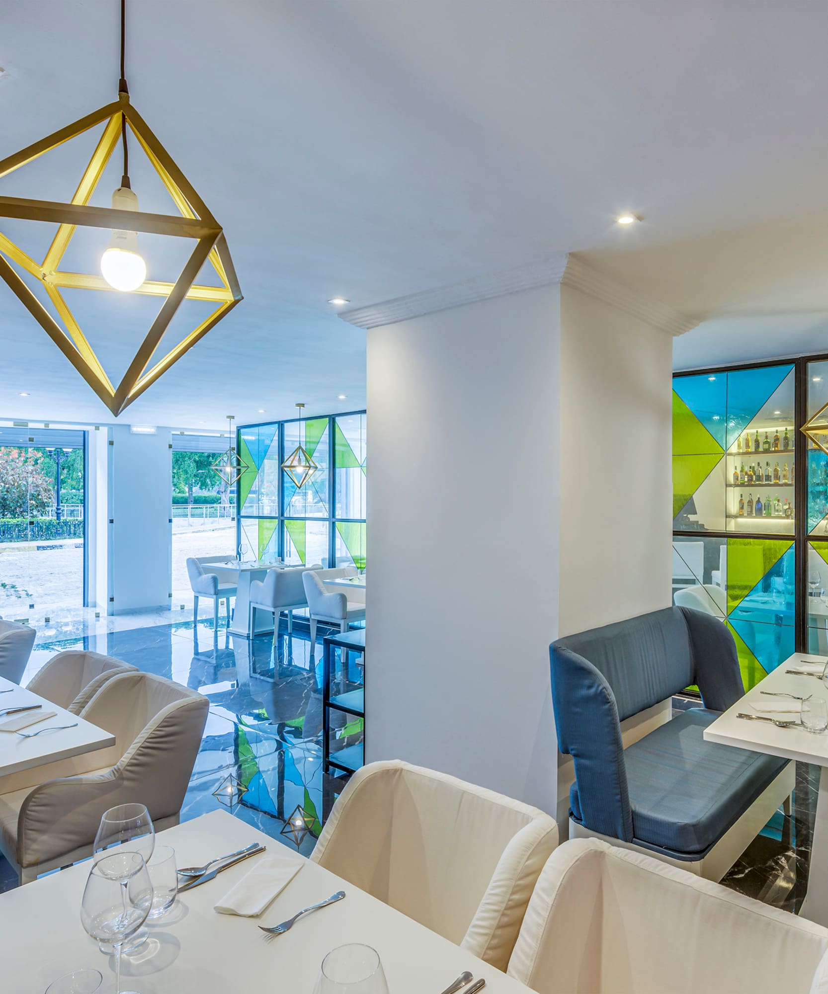 a room with tables and chairs