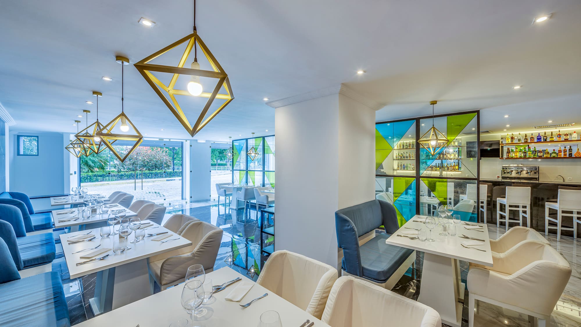 a room with tables and chairs