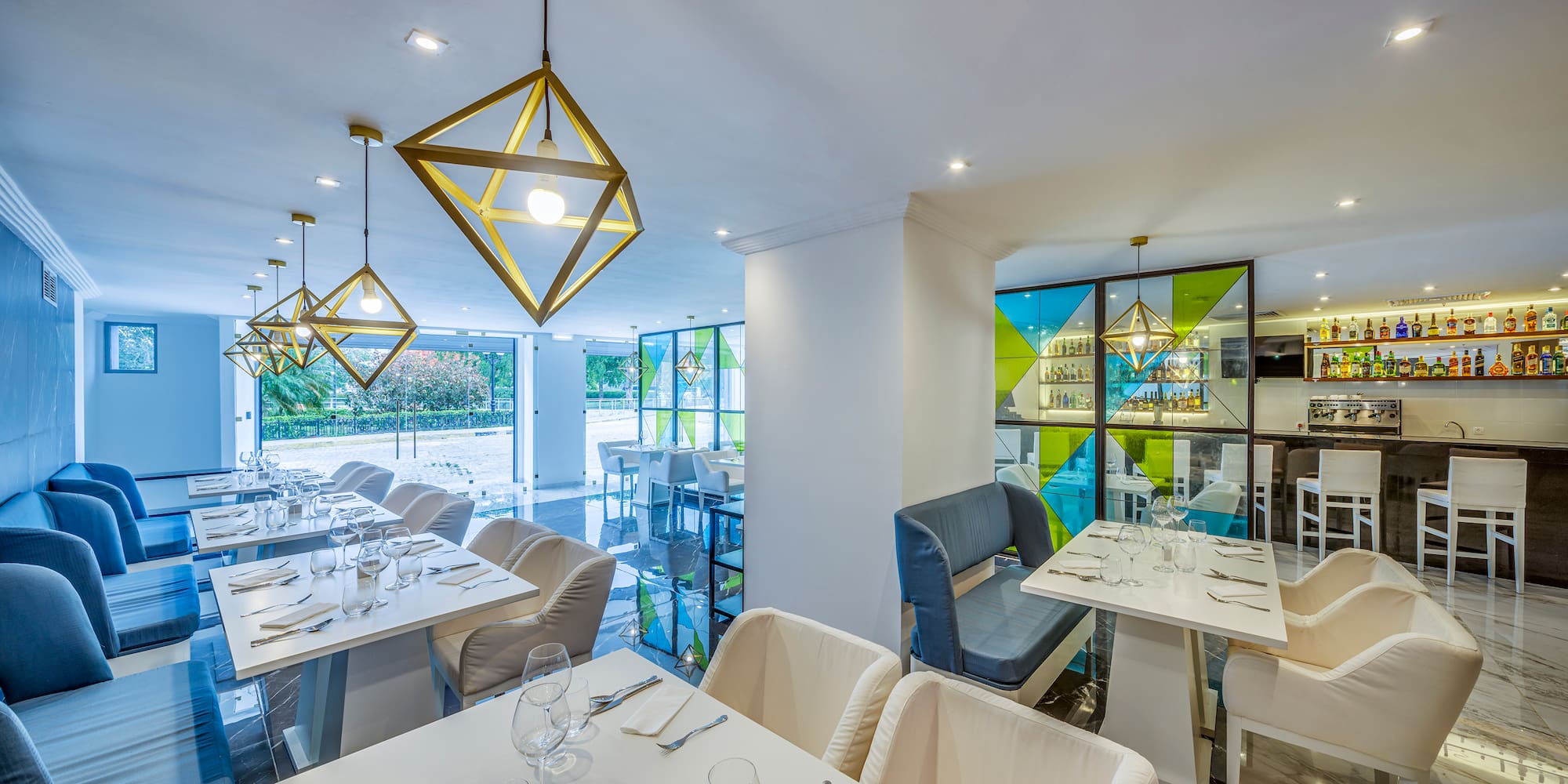 a room with tables and chairs