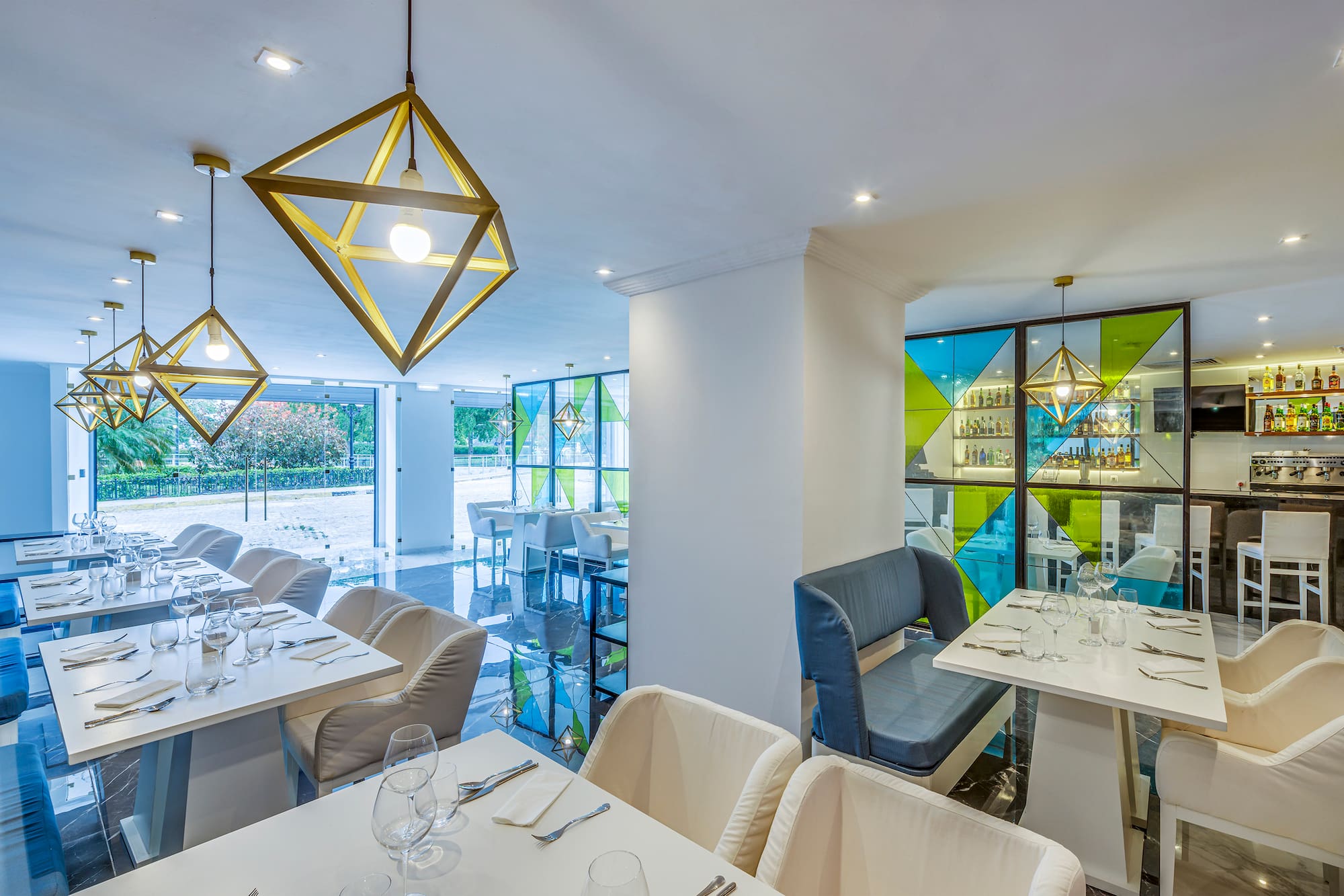 a room with tables and chairs