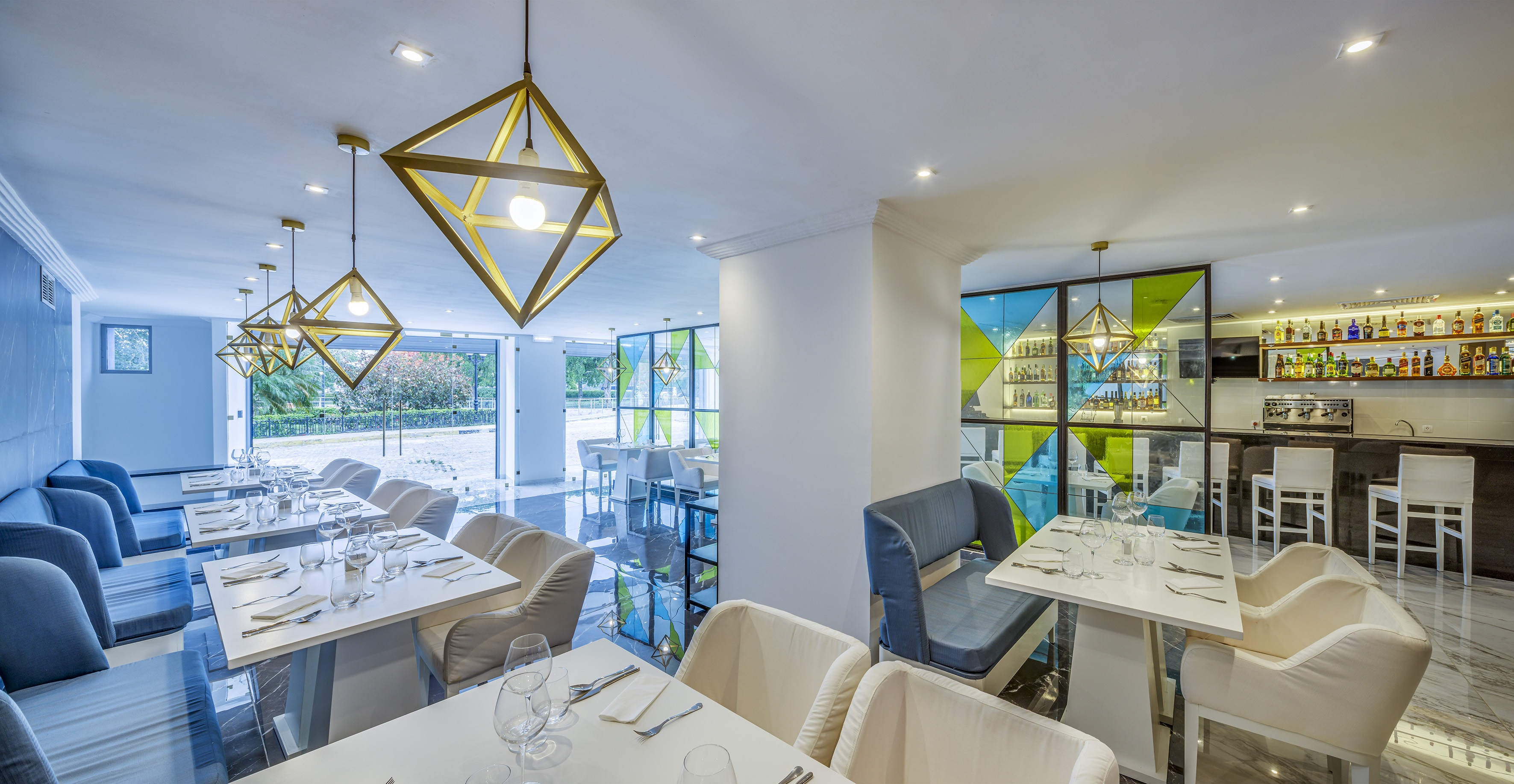 a room with tables and chairs