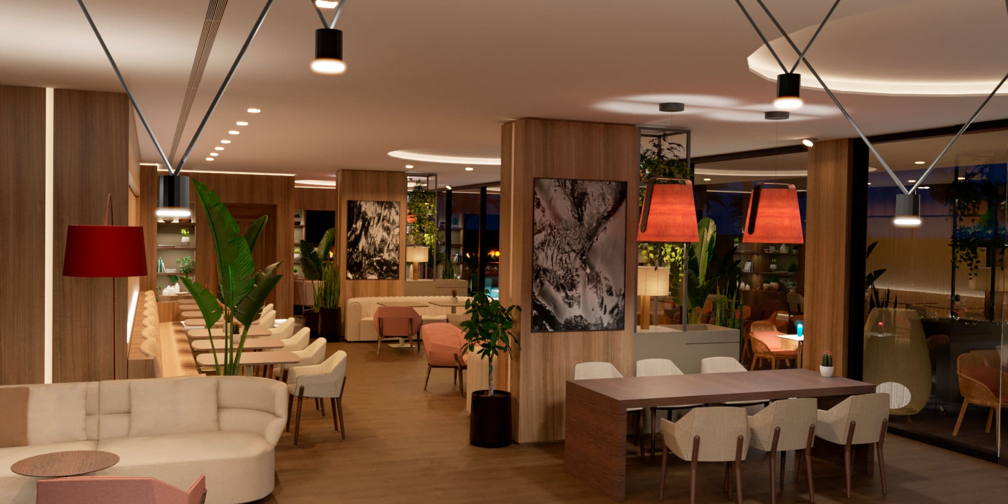 a room with tables and chairs