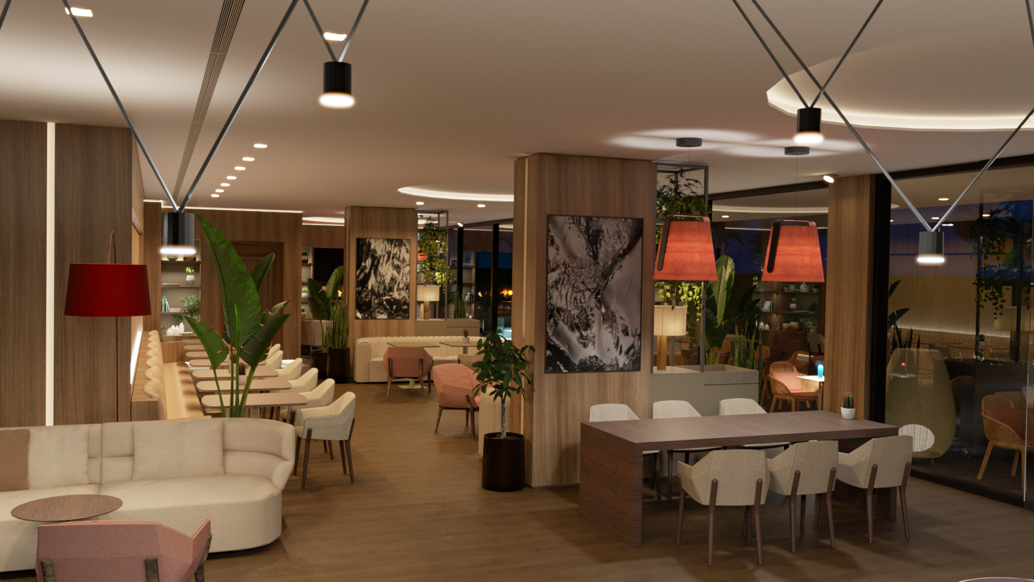 Modern restaurant lounge, warm lighting, wood accents, diverse seating, lush plants.