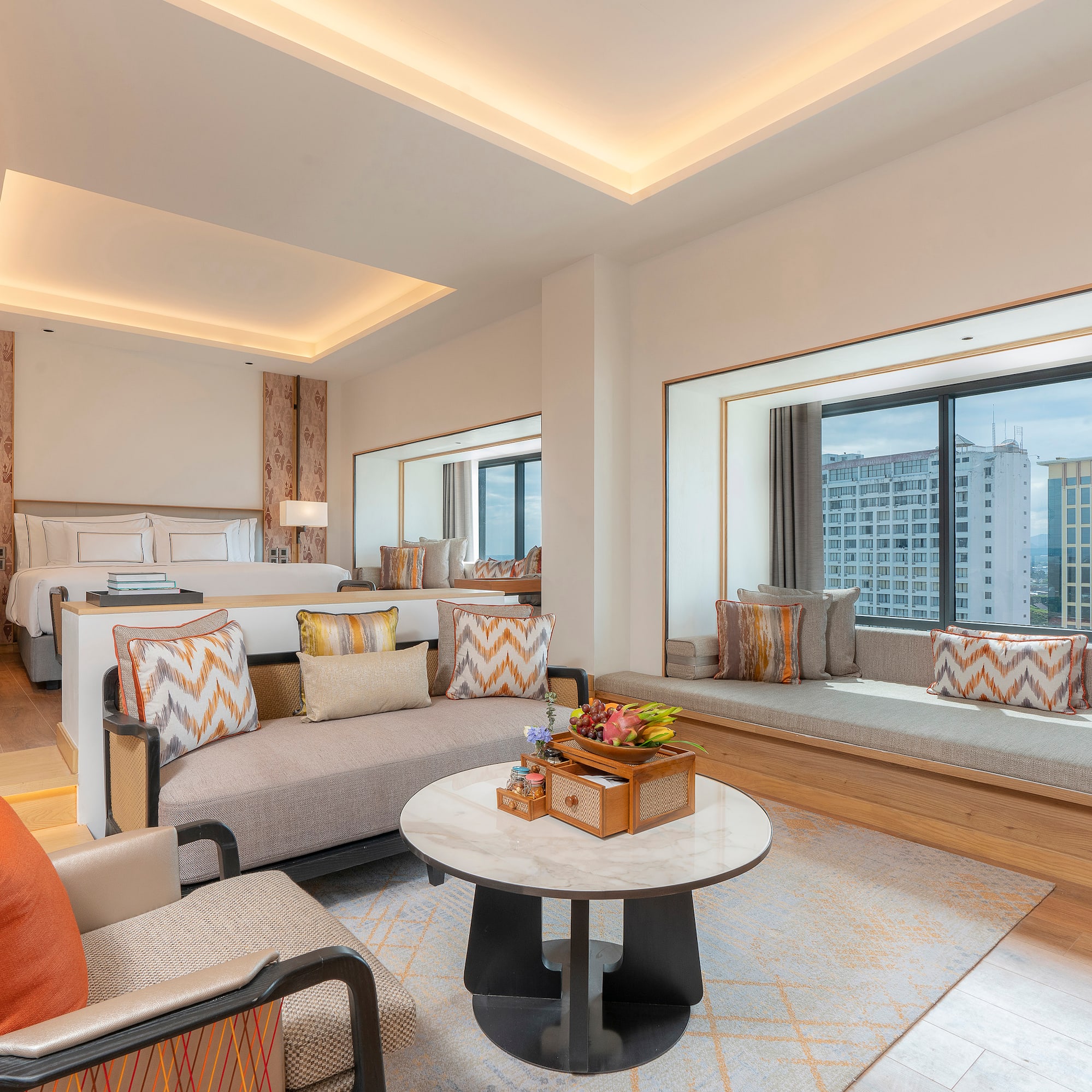 a room with a bed and a table