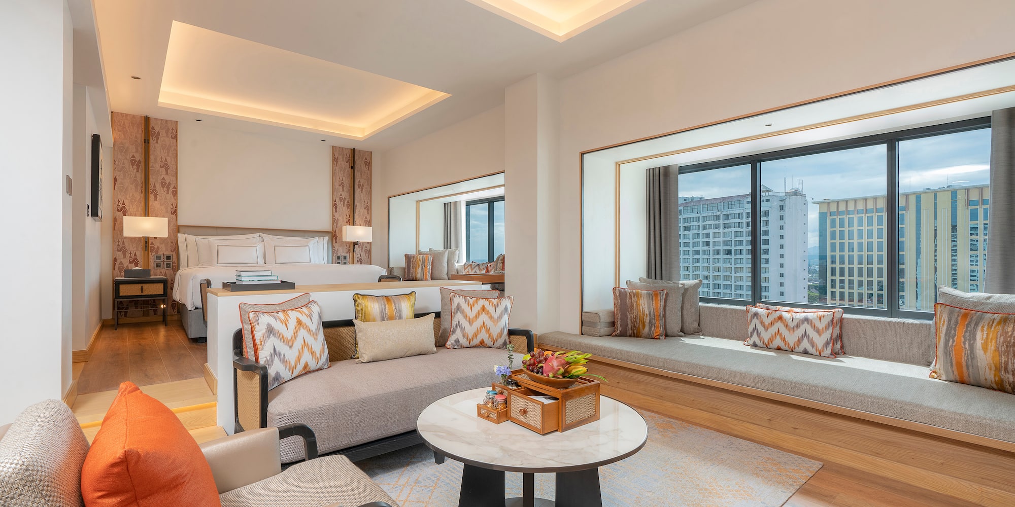 a room with a bed and a table